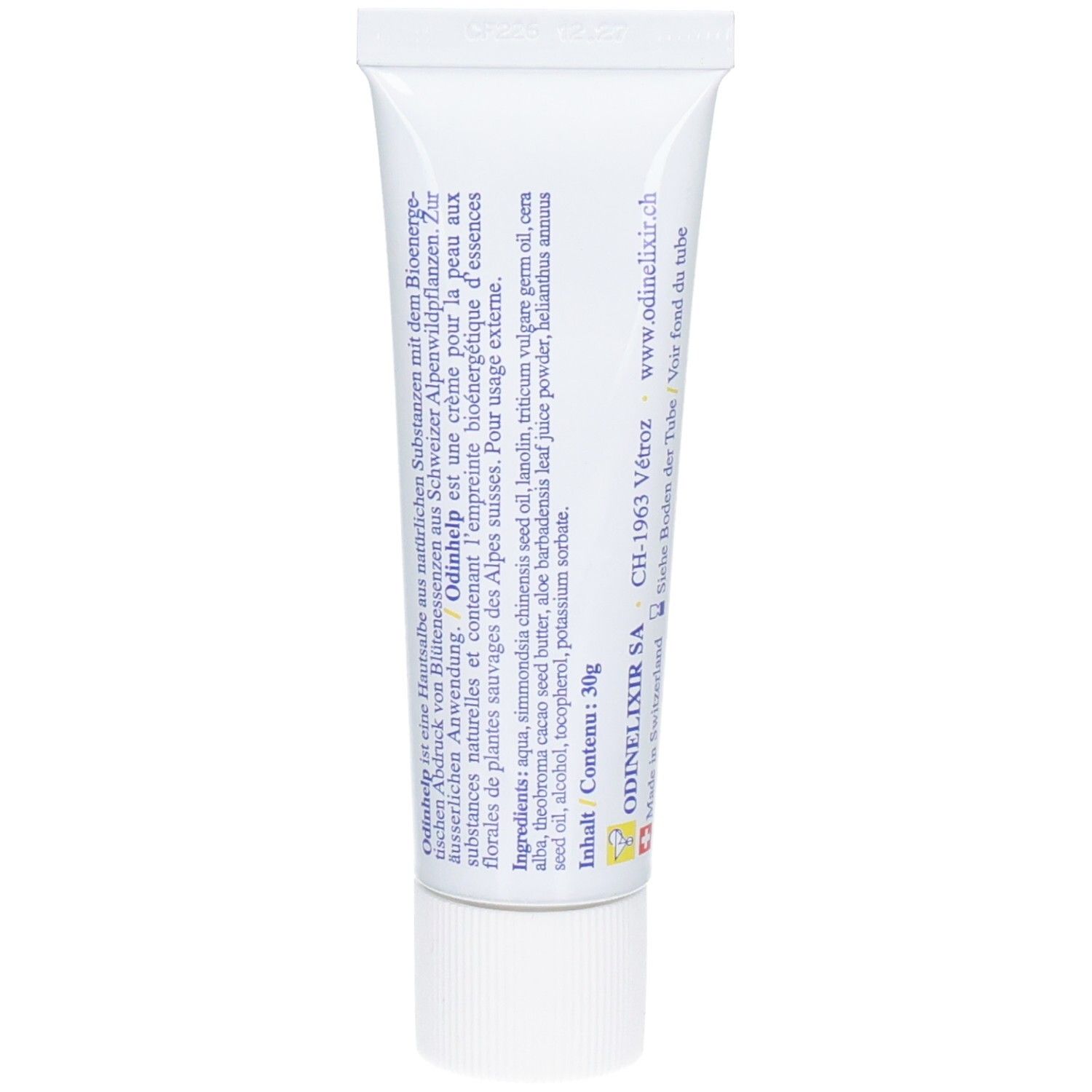 Rückseite der ODINHELP CREAM Tube mit Inhaltsstoffen und Herstellerangaben.
