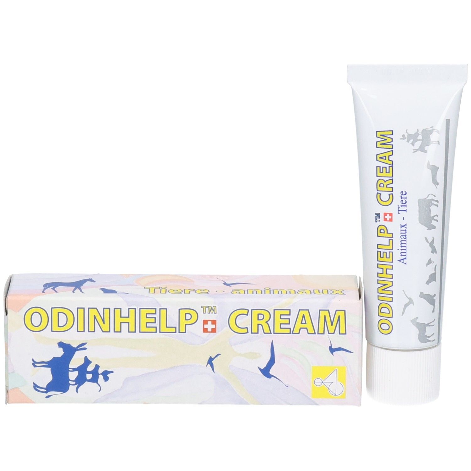 ODINHELP CREAM Tube und Karton mit Tierabbildungen und Bachblüten-Symbol.