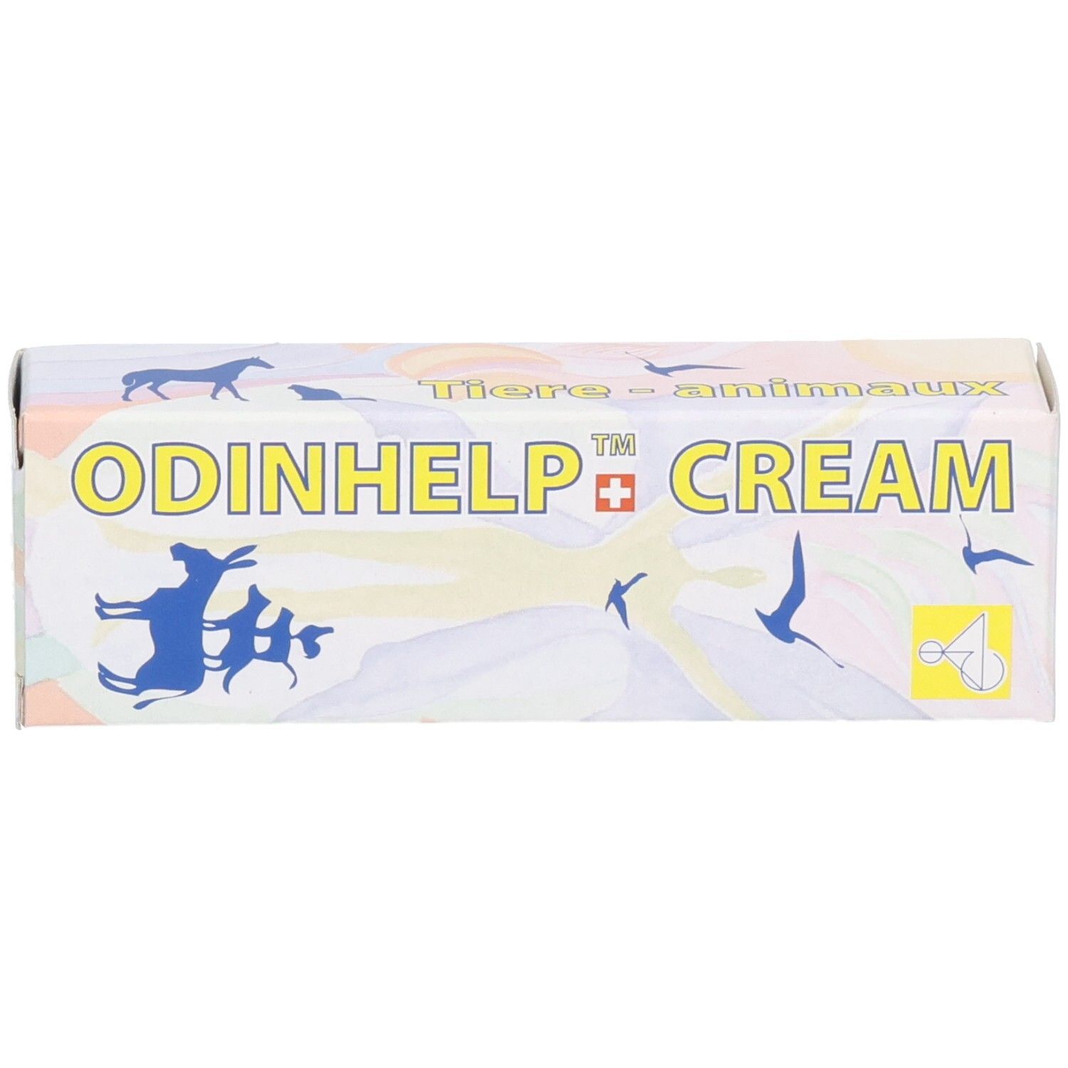 Seitenansicht der ODINHELP CREAM Kartonverpackung mit Tierabbildungen.