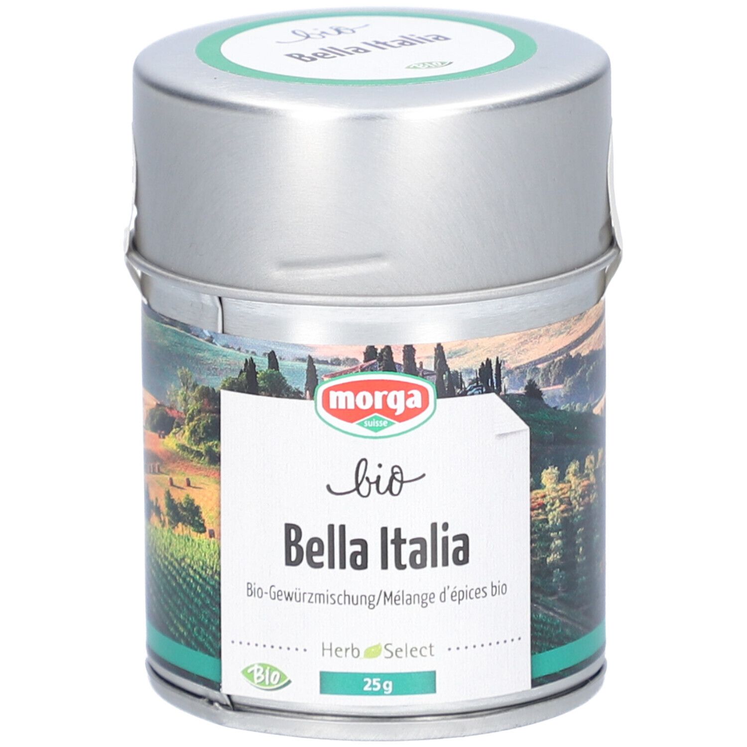 Boîte métallique "MORGA Bella Italia Bio". Paysage. Label "Bio". "25g".