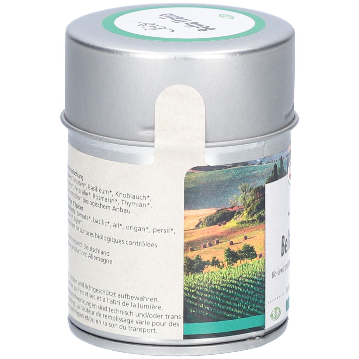 Dos de la boîte "MORGA Bella Italia Bio". Liste des ingrédients. Paysage.