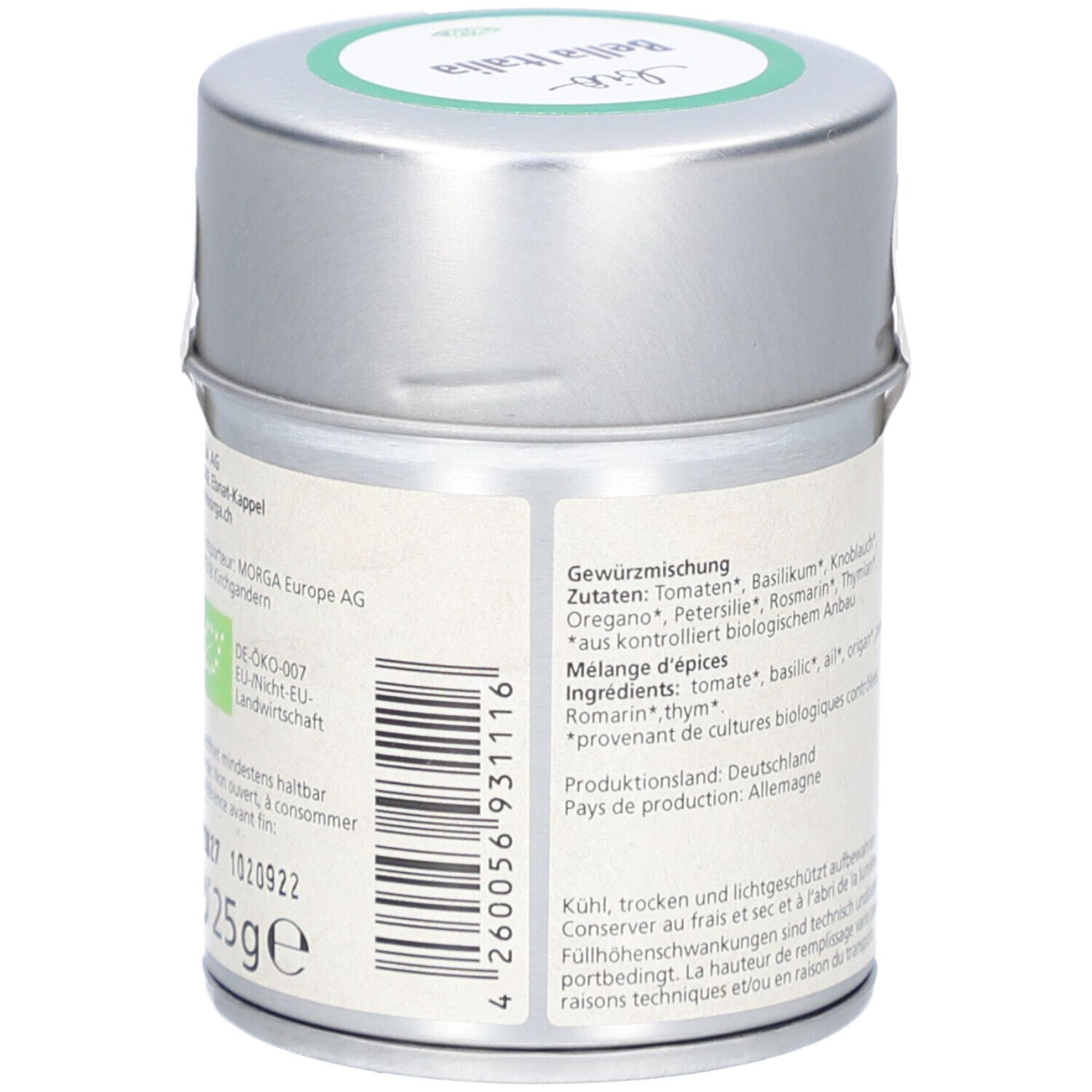 Dos de la boîte "MORGA Bella Italia Bio". Liste des ingrédients, pays de production, code-barres, "25g".