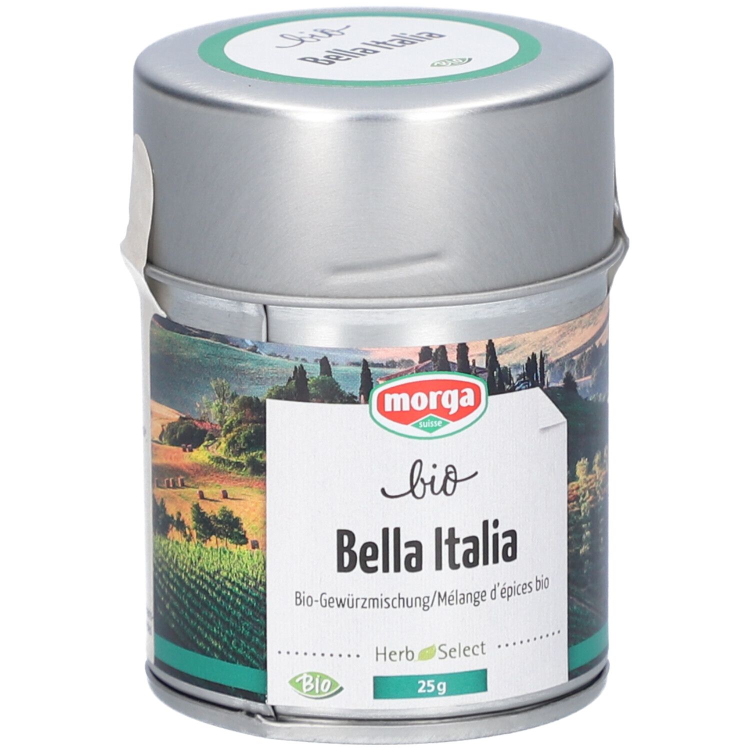 Boîte métallique "MORGA Bella Italia Bio". Paysage. Label "Bio". "25g".