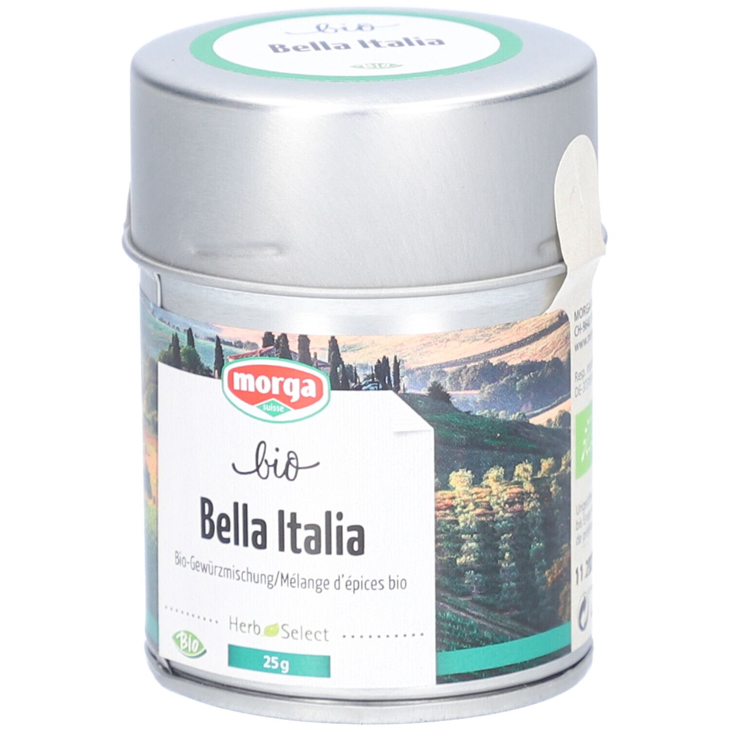 Boîte métallique "MORGA Bella Italia Bio". Paysage. Label "Bio". "25g".