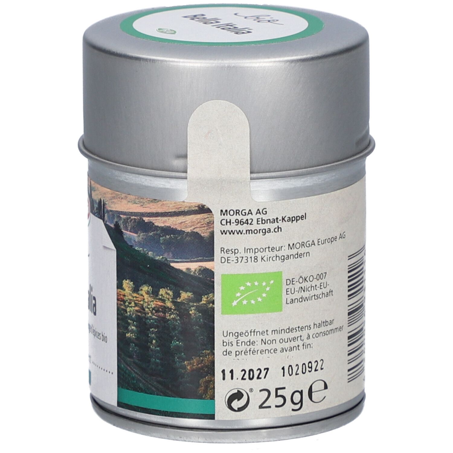 Dos de la boîte "MORGA Bella Italia Bio". Date limite, fabricant, "25g".