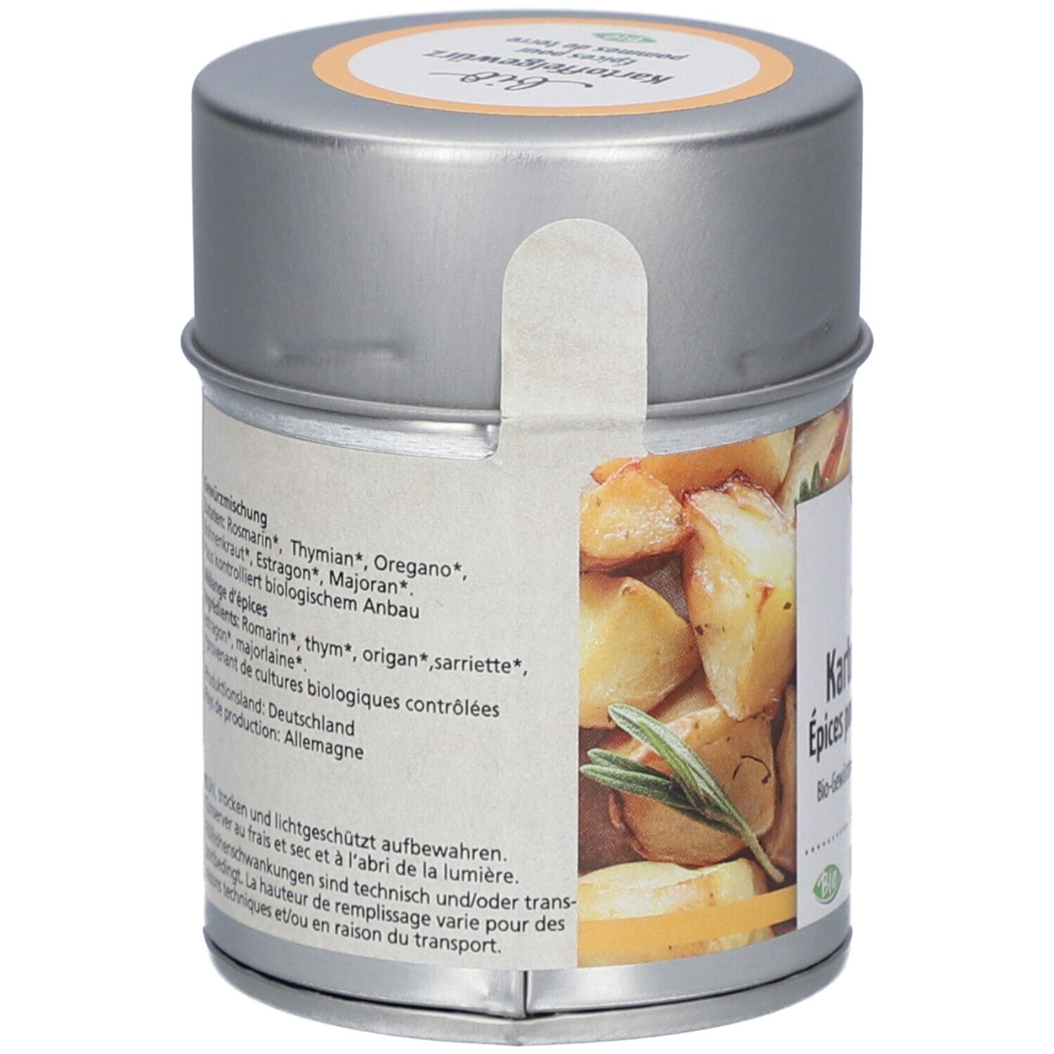 Vue arrière de la boîte. Inscription : Ingrédients, dont romarin, thym, origan. Origine : Allemagne. Label bio. Autocollant.