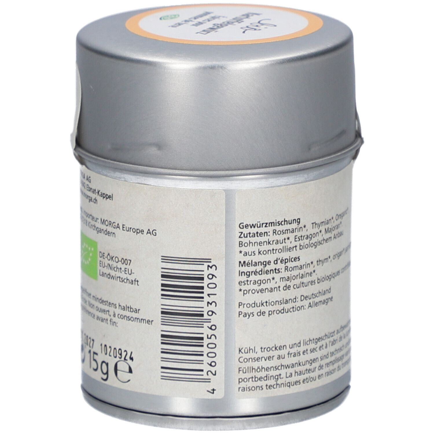 Vue arrière de la boîte. Inscription : Mélange d'épices, ingrédients, dont romarin, thym, origan. Label bio. 15g.