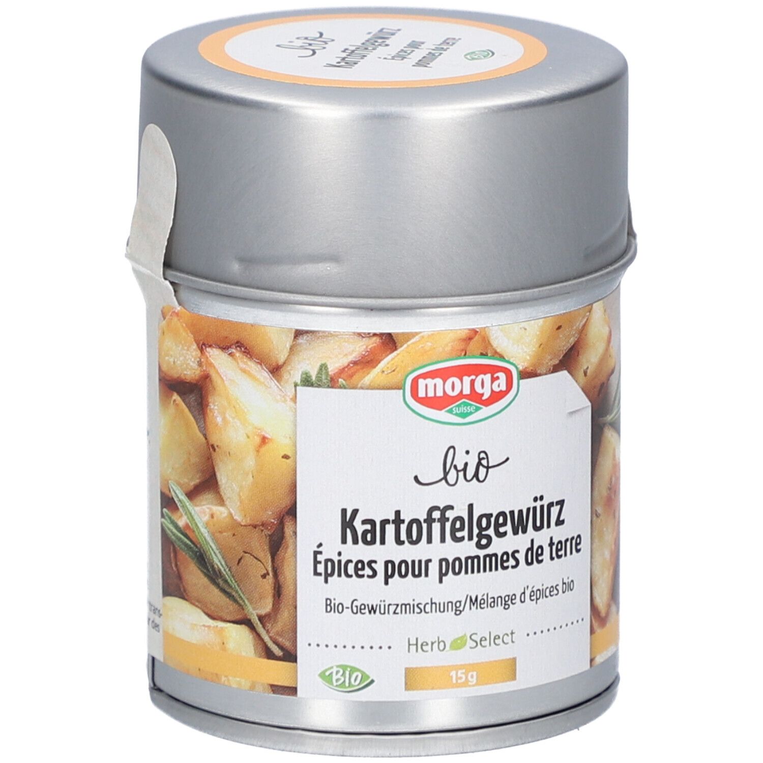 Boîte cylindrique de Kartoffelgewürz. Inscription : MORGA bio Kartoffelgewürz, 15g. Image de pommes de terre et d'herbes.