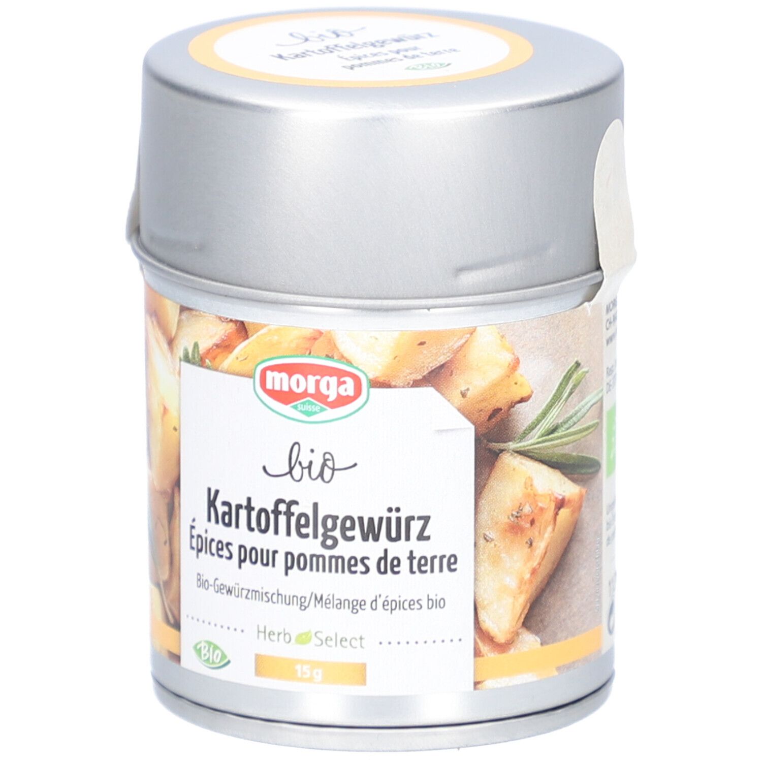 Boîte cylindrique de Kartoffelgewürz. Inscription : MORGA bio Kartoffelgewürz, 15g. Image de pommes de terre et d'herbes.