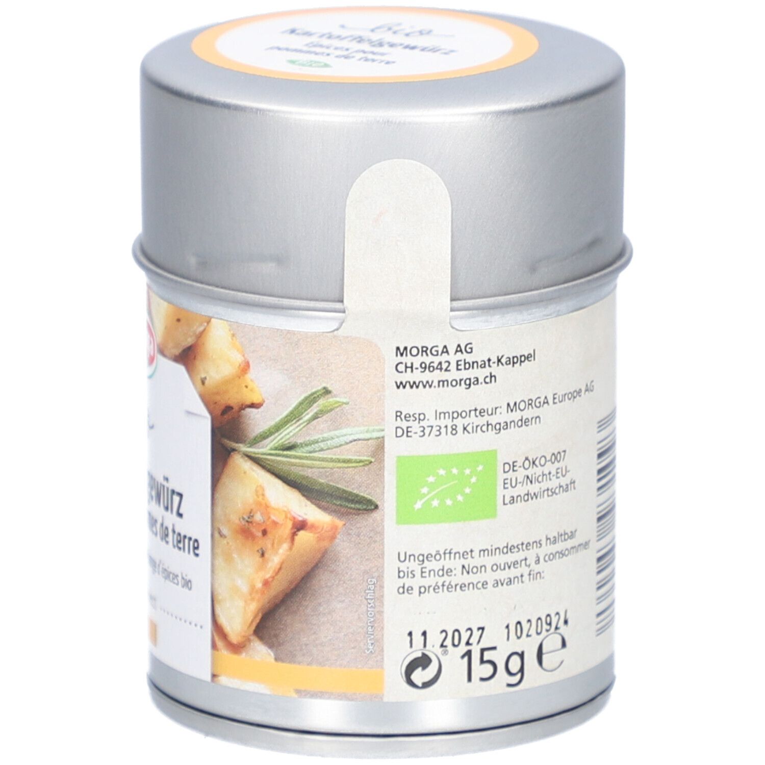Vue arrière de la boîte. Inscription : MORGA, label bio, date limite de consommation, 15g. Image de pommes de terre et d'herbes.