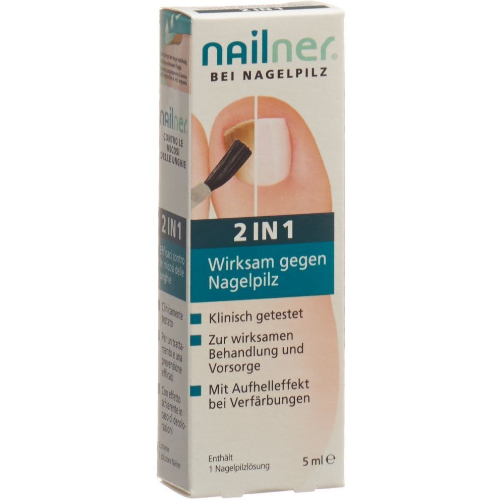 Verpackung von Nailner 2-in-1 Nagelpilz-Lösung mit Applikator und Zehenbild.
