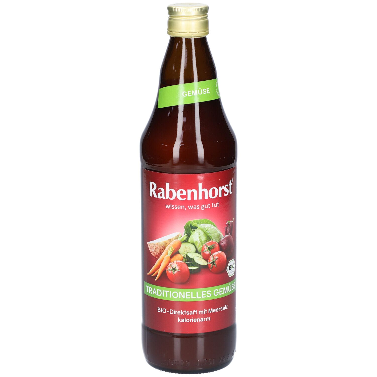 Braune Glasflasche mit grünem Etikett. Aufschrift: Rabenhorst, Gemüsesaft, Bio. Abbildung von Gemüse.