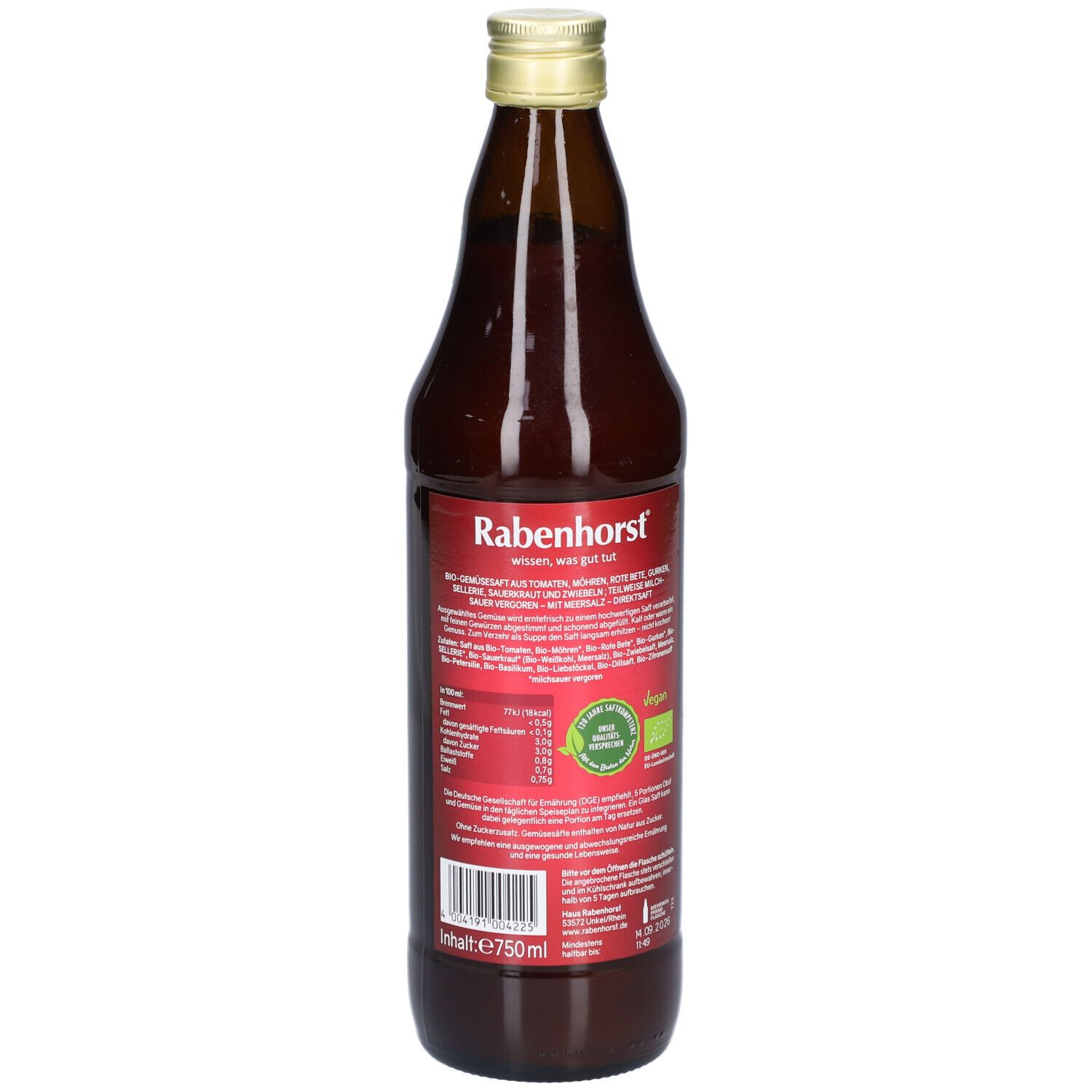 Braune Glasflasche mit Etikett. Aufschrift: Rabenhorst. Bio-Direktsaft mit Meersalz. Rückansicht mit Nährwertangaben.