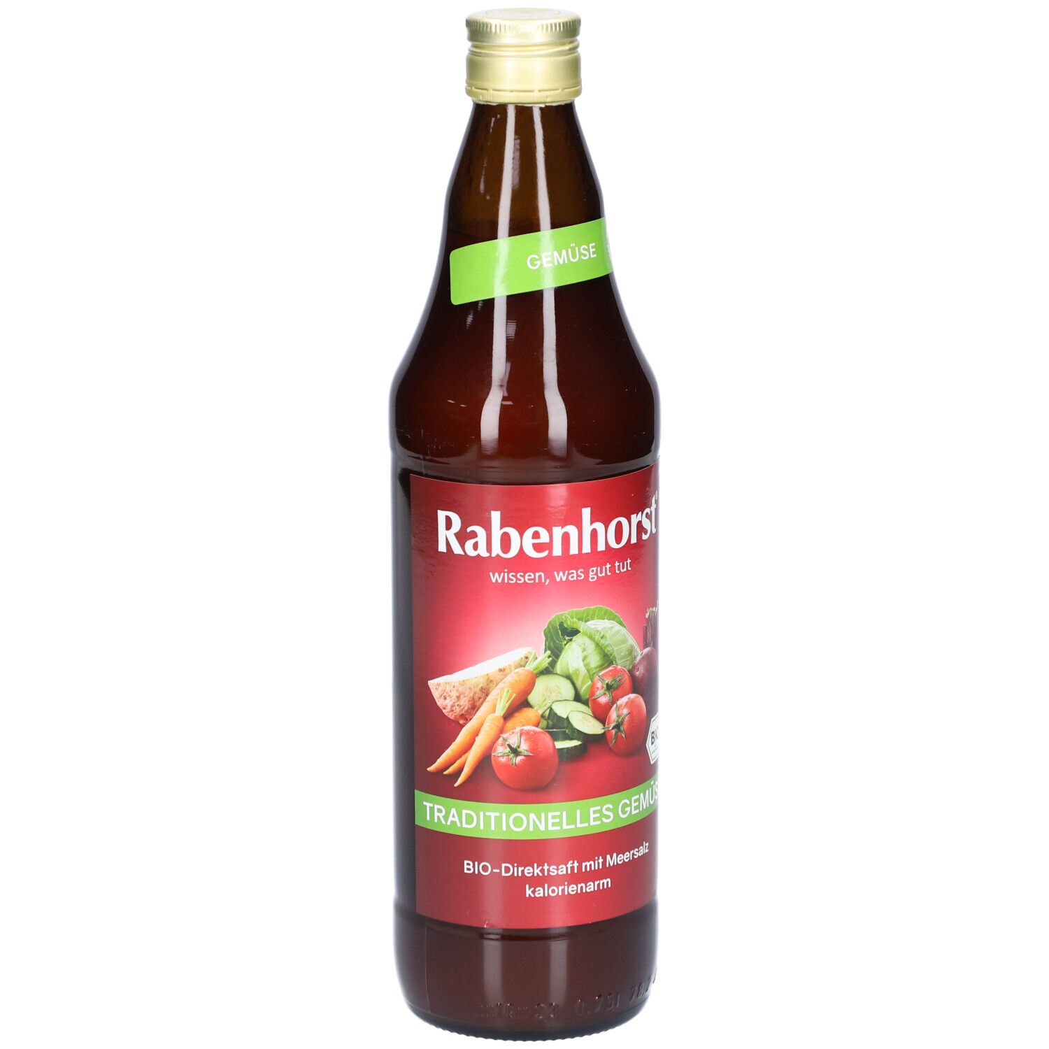 Braune Glasflasche mit grünem Etikett. Aufschrift: Rabenhorst, Gemüsesaft, Bio. Abbildung von Gemüse.