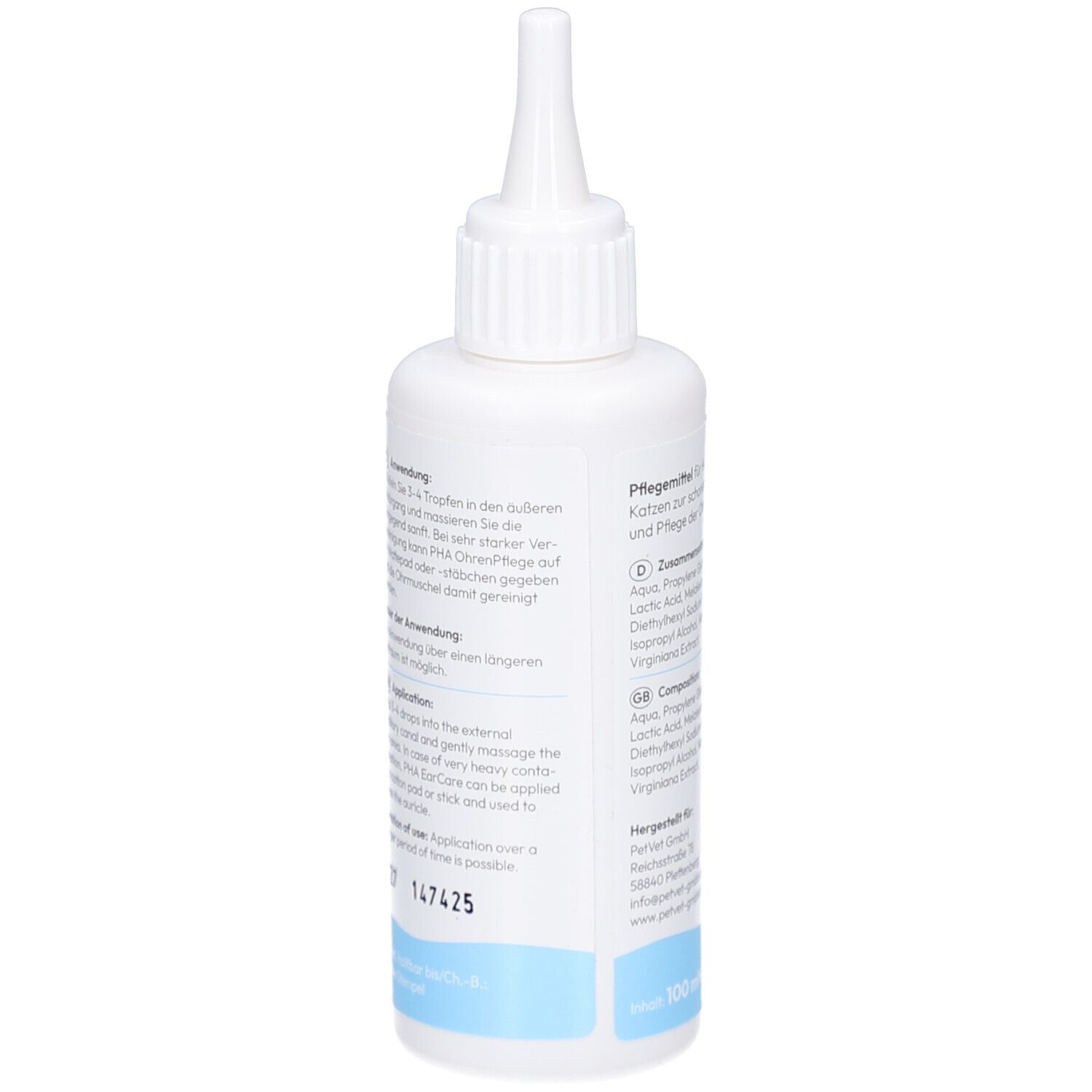 Weiße Flasche mit spitzem Applikator. Text: Anwendungshinweise. Tropfenweise Anwendung. Haltbarkeit.