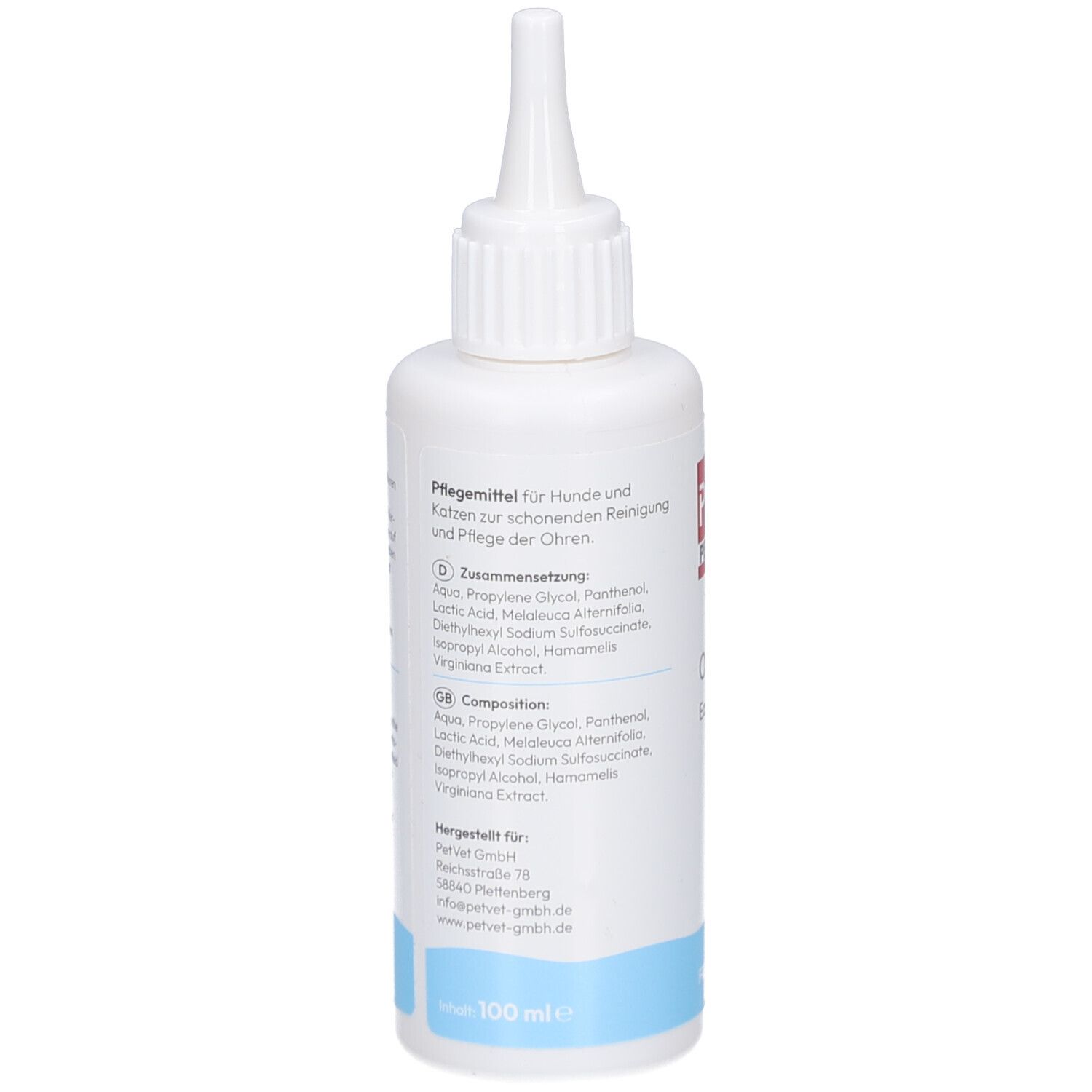 Weiße Flasche mit spitzem Applikator. Text: PHA PetVet, OhrenPflege. Inhaltsstoffe und Anwendungshinweise.