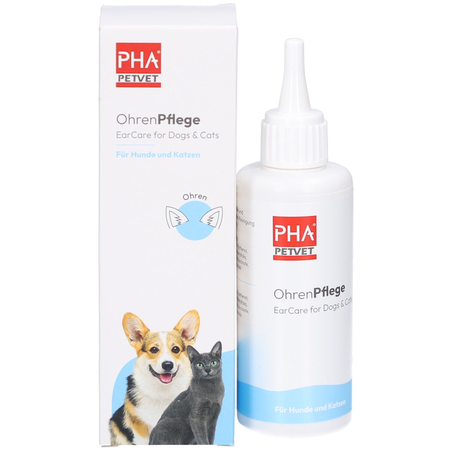 Produkt und Verpackung. Weiße Flasche mit spitzem Applikator und Karton. Text: PHA PetVet, OhrenPflege.