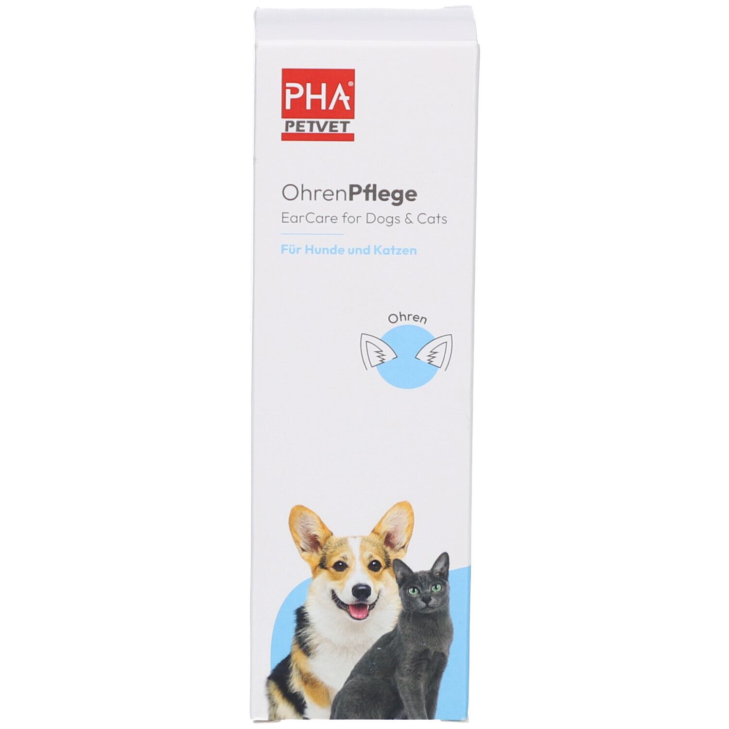 Produktverpackung. Karton mit Produktabbildung. Text: PHA PetVet, OhrenPflege, EarCare for Dogs & Cats.