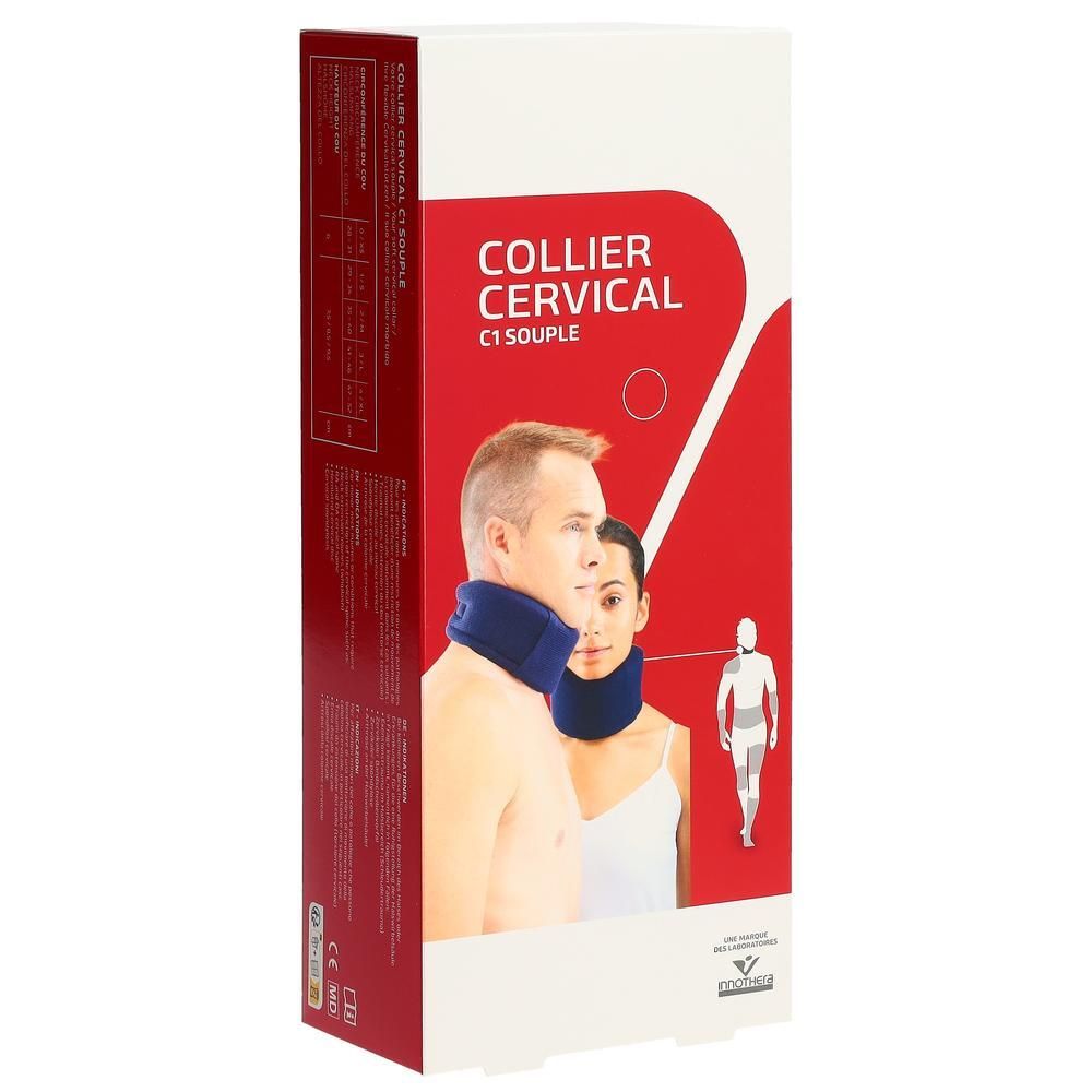 Verpackung mit Halskrause. Aufdruck: COLLIER CERVICAL C1 SOUPLE. Abgebildet: Mann und Frau mit Halskrause. Roter Hintergrund.