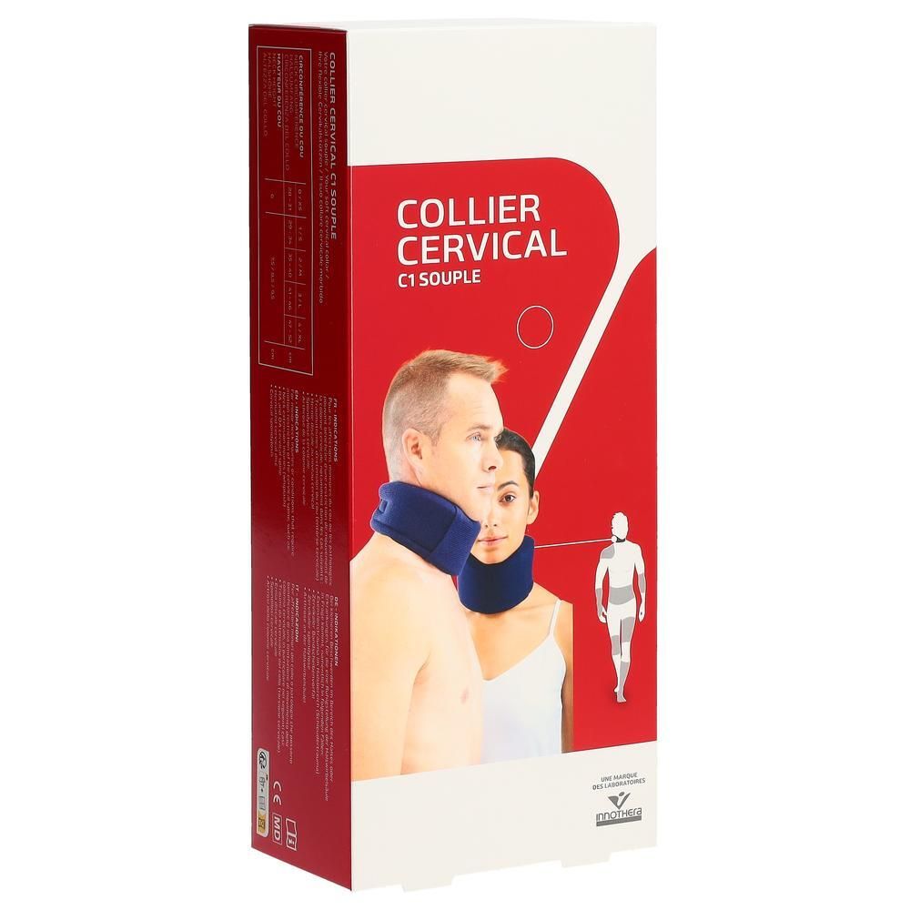 Verpackung mit Halskrause. Aufdruck: COLLIER CERVICAL C1 SOUPLE. Abbildung von Personen mit Halskrause.