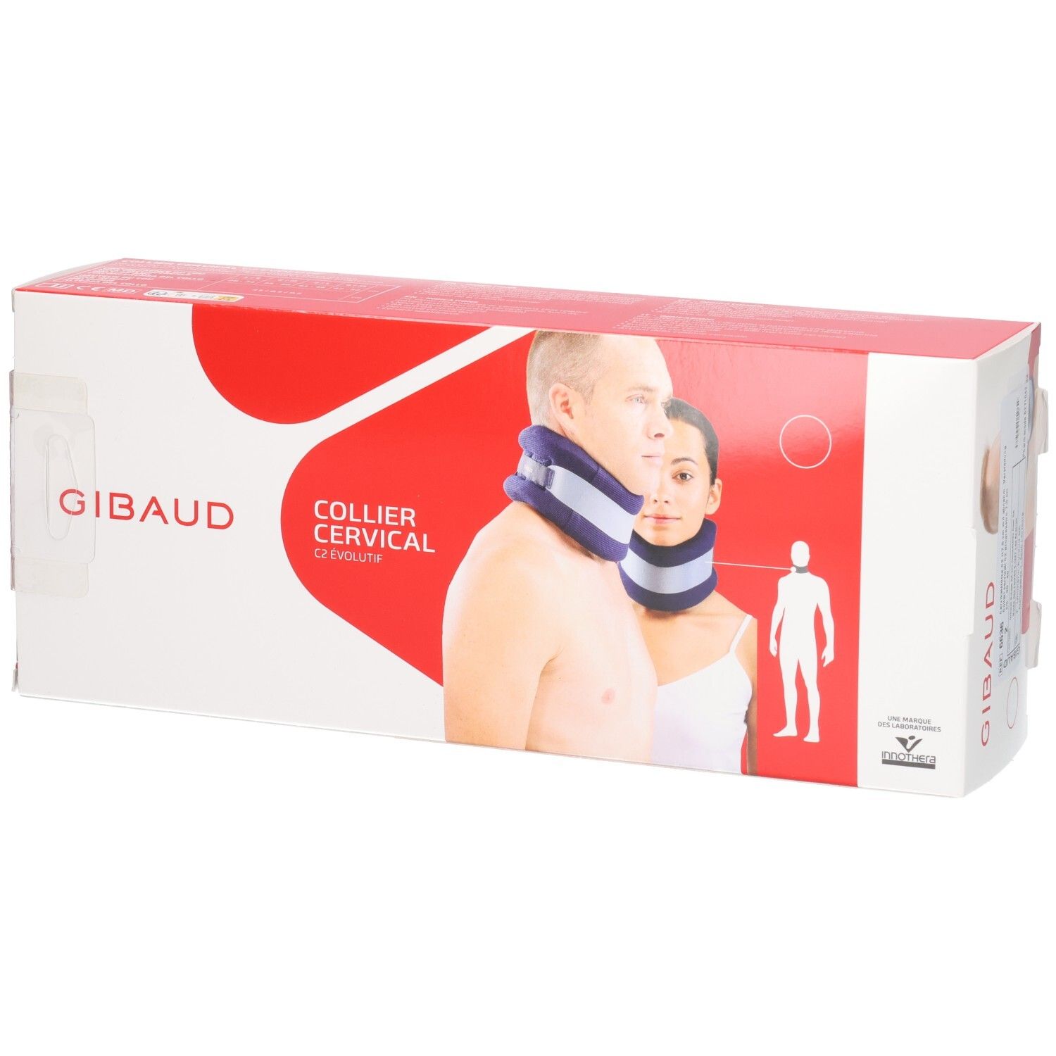 Verpackung der GIBAUD Cervicalstütze C2. Aufdruck: GIBAUD, COLLIER CERVICAL C2 évolutif. Abbildung: Halskrause an Personen.