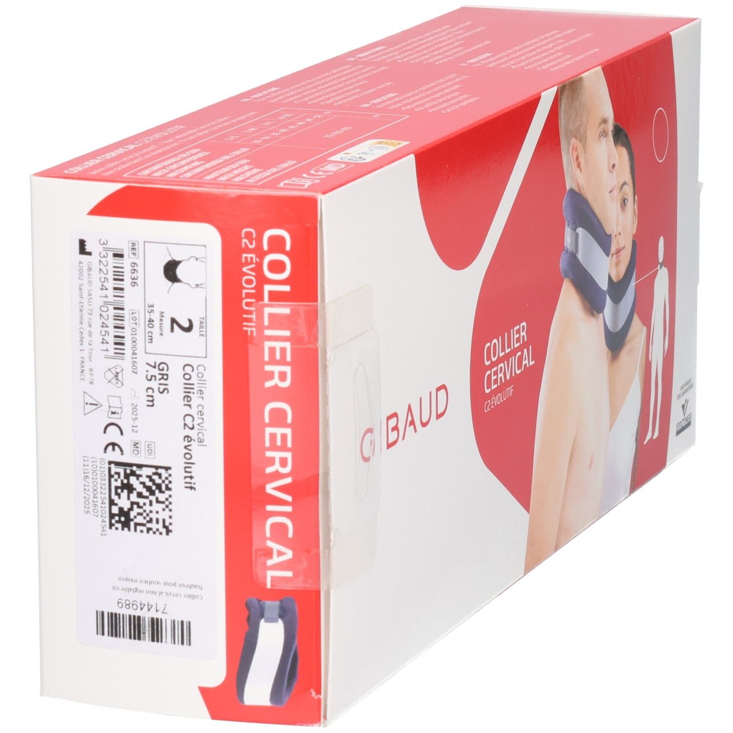 Verpackung der GIBAUD Cervicalstütze C2. Aufdruck: GIBAUD, COLLIER CERVICAL C2 évolutif, 7.5 cm, Gr2. Barcode und Produktinformationen.