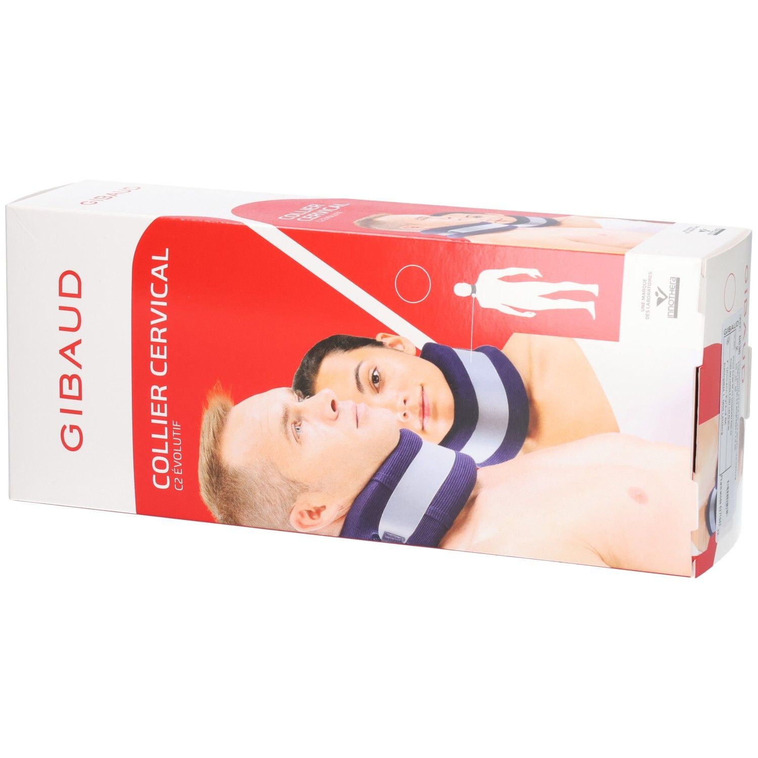 Verpackung der GIBAUD Cervicalstütze C2. Aufdruck: GIBAUD, COLLIER CERVICAL C2 évolutif. Abbildung: Halskrause an Personen.