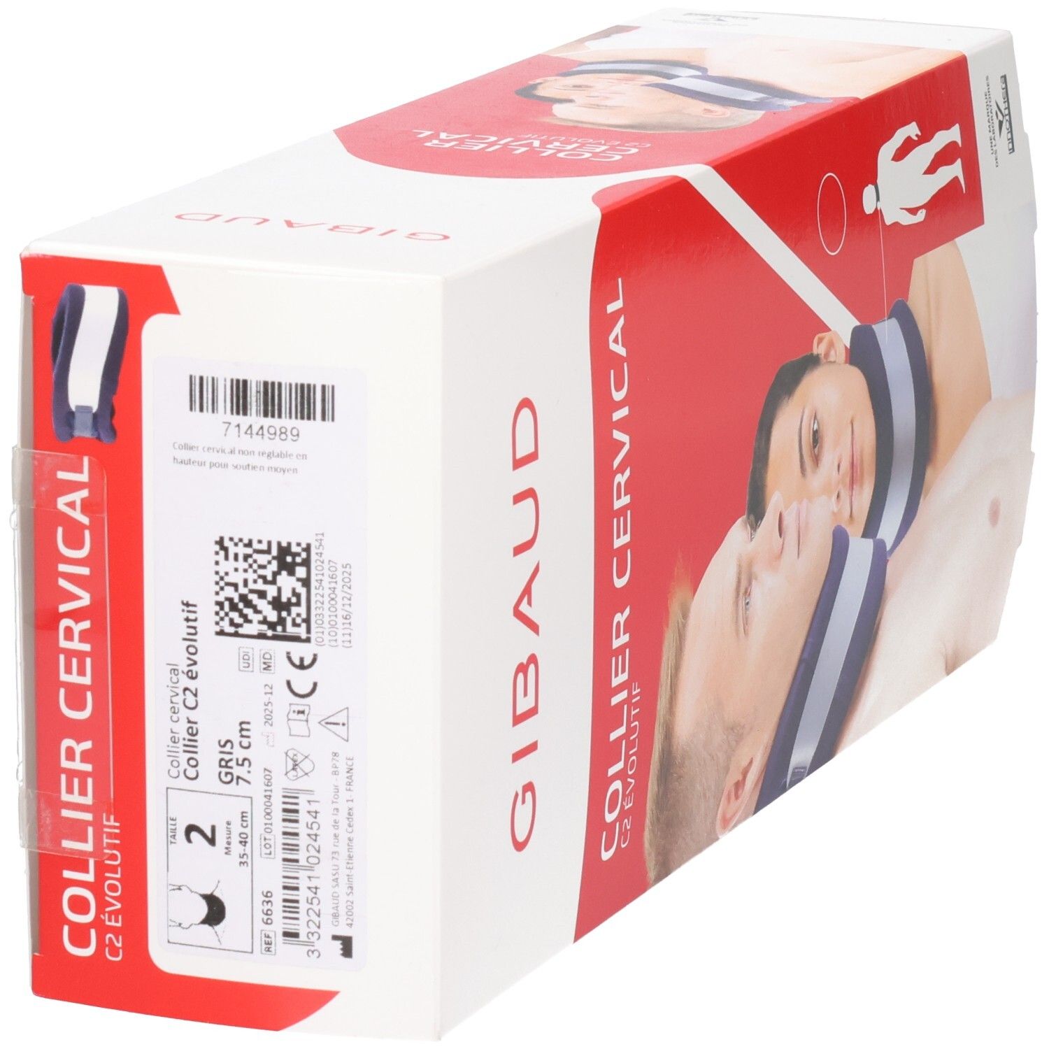 Verpackung der GIBAUD Cervicalstütze C2. Aufdruck: GIBAUD, COLLIER CERVICAL C2 évolutif, 7.5 cm, Gr2. Barcode und Produktinformationen.