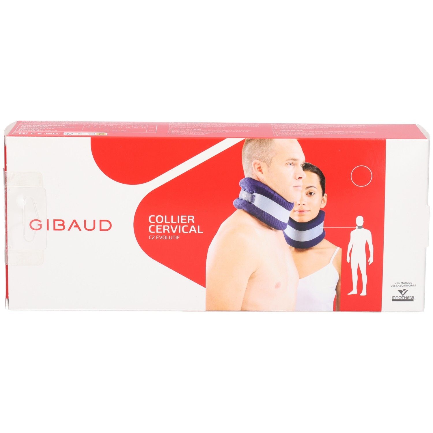 Verpackung der GIBAUD Cervicalstütze C2. Aufdruck: GIBAUD, COLLIER CERVICAL C2 évolutif. Abbildung: Halskrause an Personen.