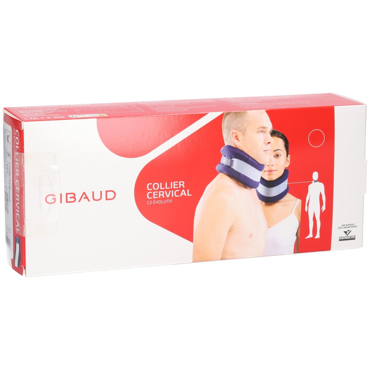 Verpackung der GIBAUD Cervicalstütze C2. Aufdruck: GIBAUD, COLLIER CERVICAL C2 évolutif. Abbildung: Halskrause an Personen.