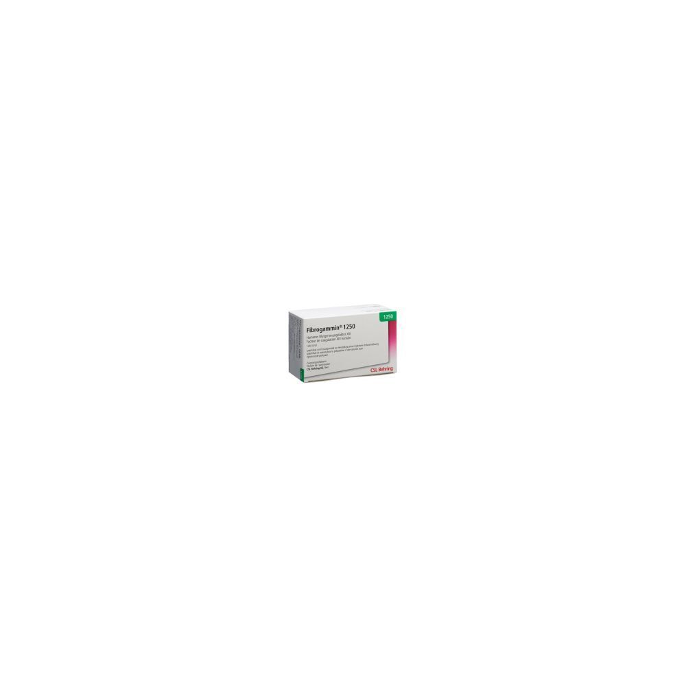 Boîte en carton avec informations produit. Inscription: Fibrogammin 1250 UI. Coloris vert et blanc avec un accent rouge.