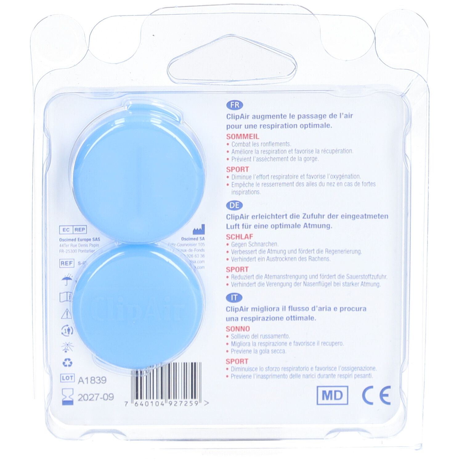 Rückseite der Blisterverpackung mit zwei blauen ClipAir Nasendilatatoren. Text in Deutsch, Französisch und Italienisch.