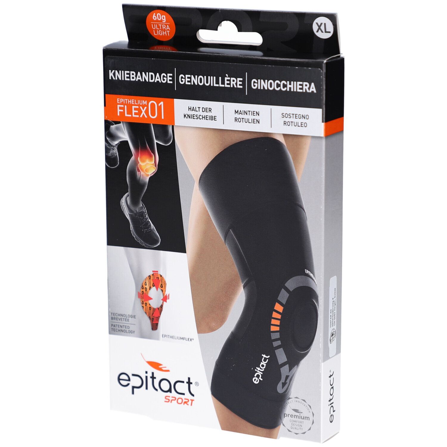 Schwarze Kniebandage in Verpackung. Text: Kniebandage, Epitact Sport, Flex 01, XL. Abbildung eines Beins mit Kniebandage.