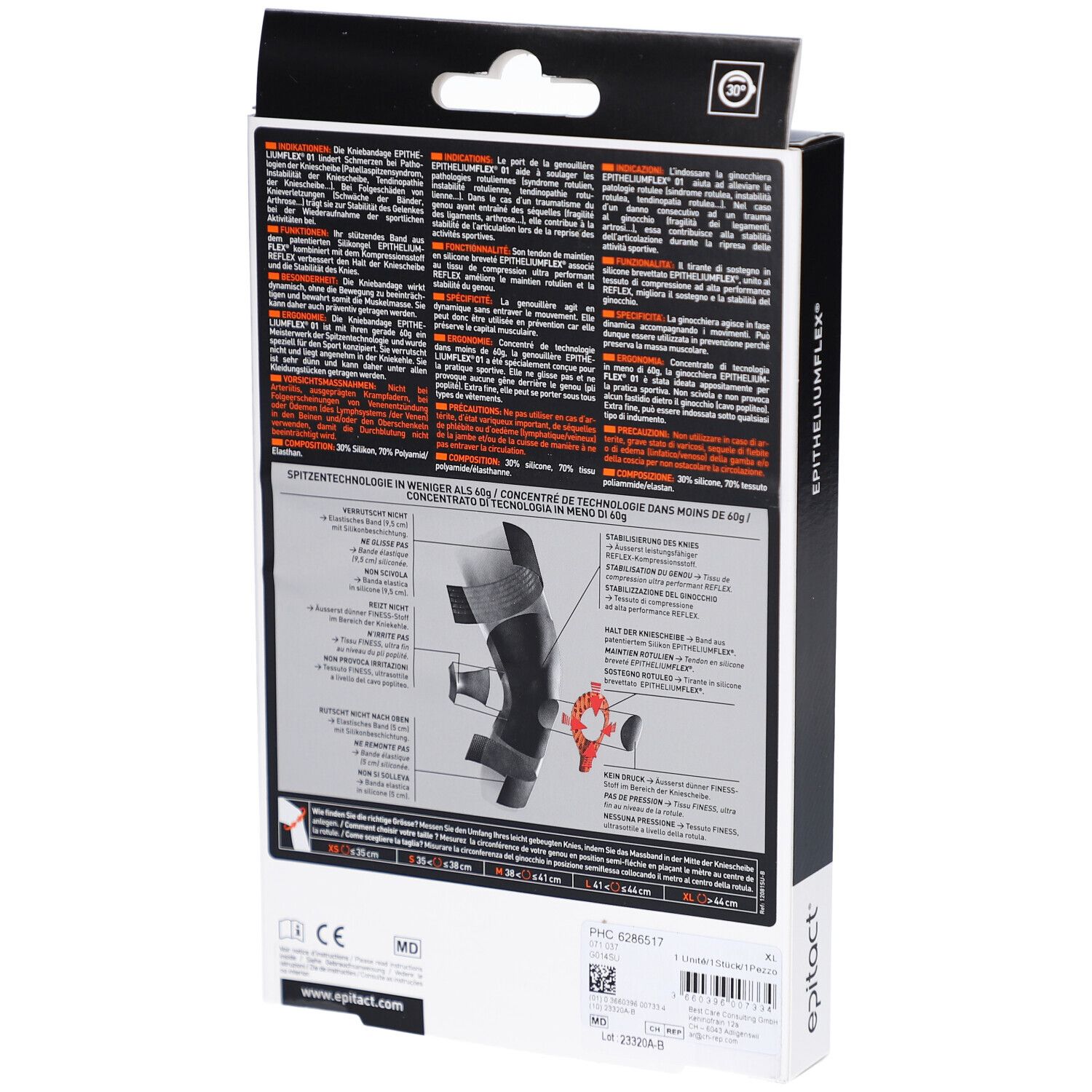 Rückseite der Verpackung. Text in mehreren Sprachen. Abbildungen der Kniebandage und ihrer Bestandteile. CE-Kennzeichnung.