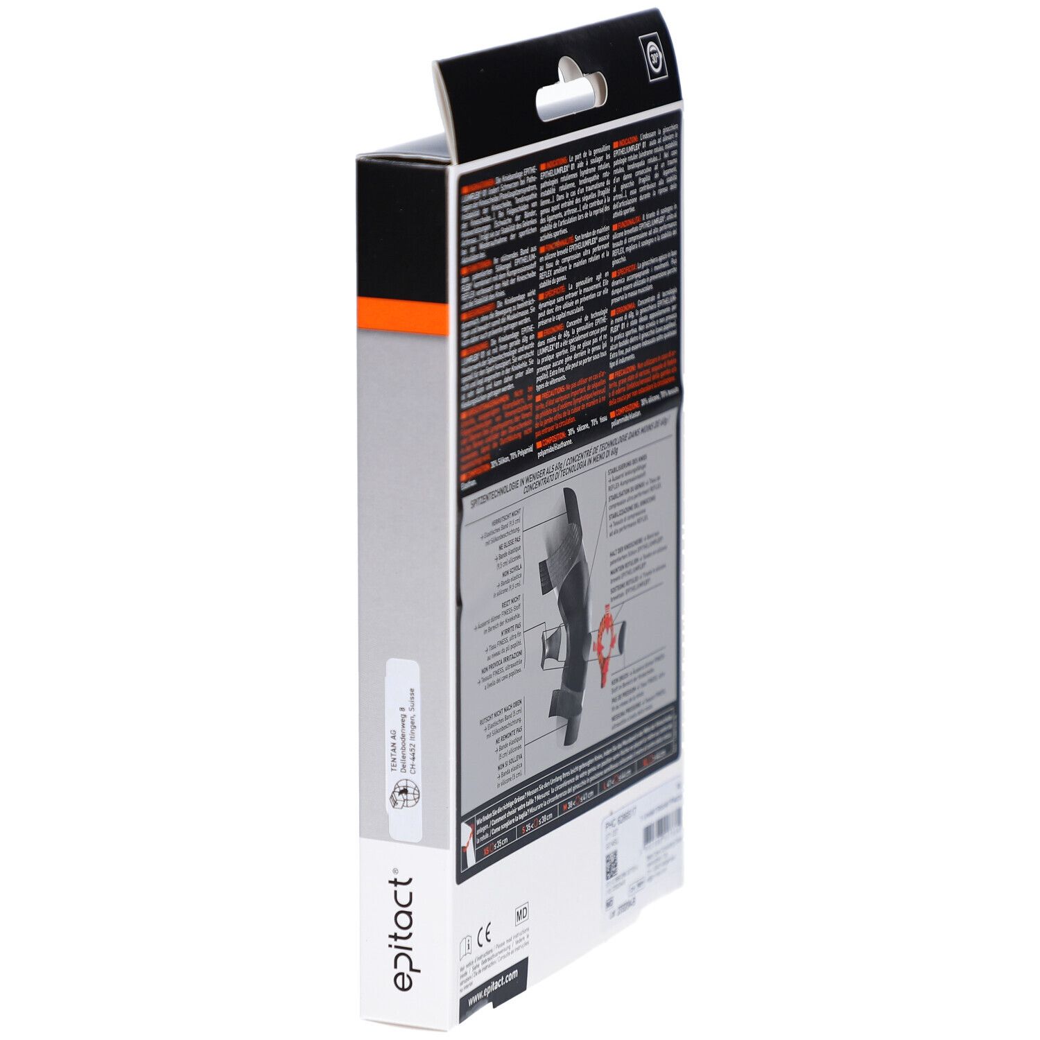 Seitenansicht der Verpackung. Text und Abbildungen. CE-Kennzeichnung. Produktinformationen.