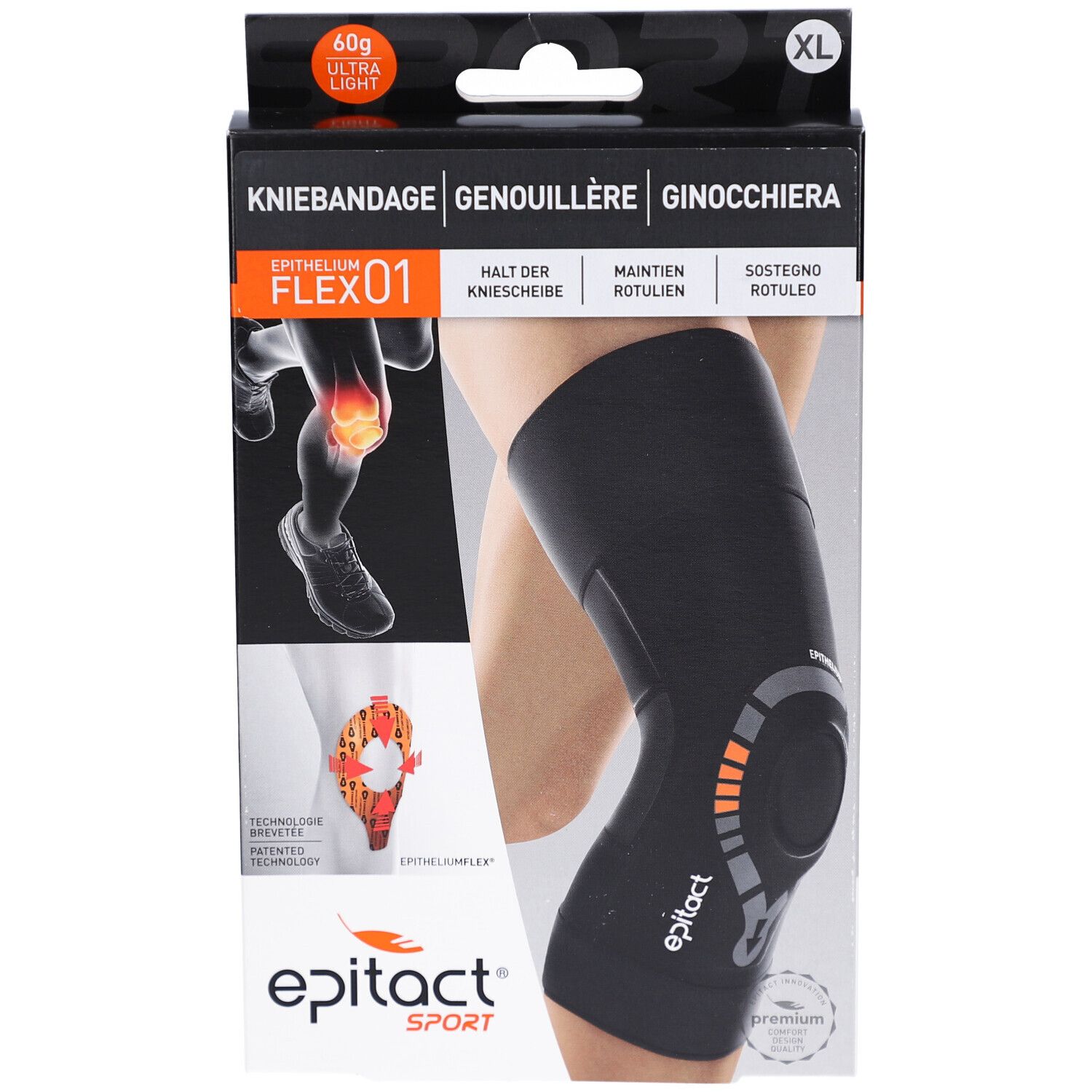 Schwarze Kniebandage in Verpackung. Text: Kniebandage, Epitact Sport, Flex 01, XL. Abbildung eines Beins mit Kniebandage.