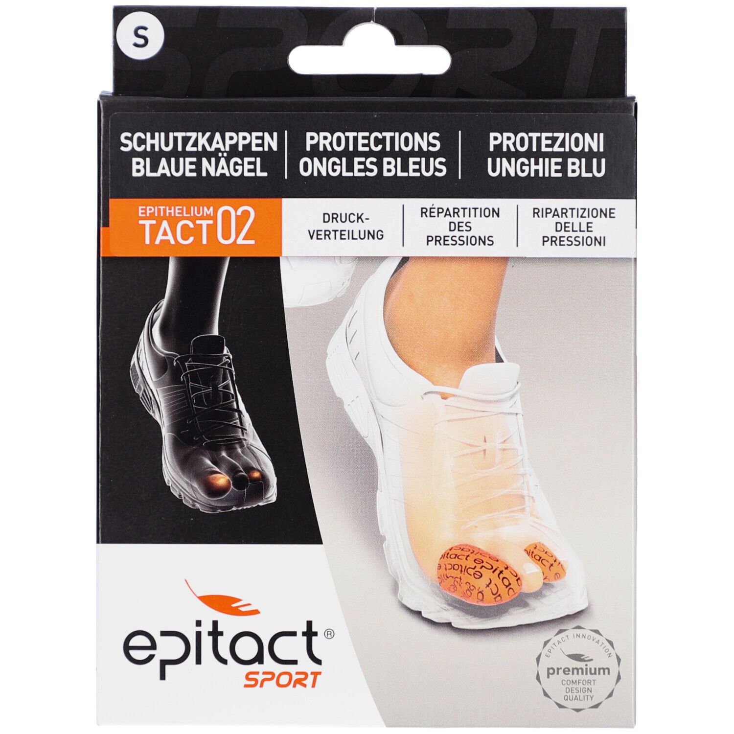 Verpackung mit Epitact Sport Zehenschutz. Schwarze Schachtel mit Produktabbildung und Größenangabe S. Blaue Nägel Schutz. Premium-Siegel.