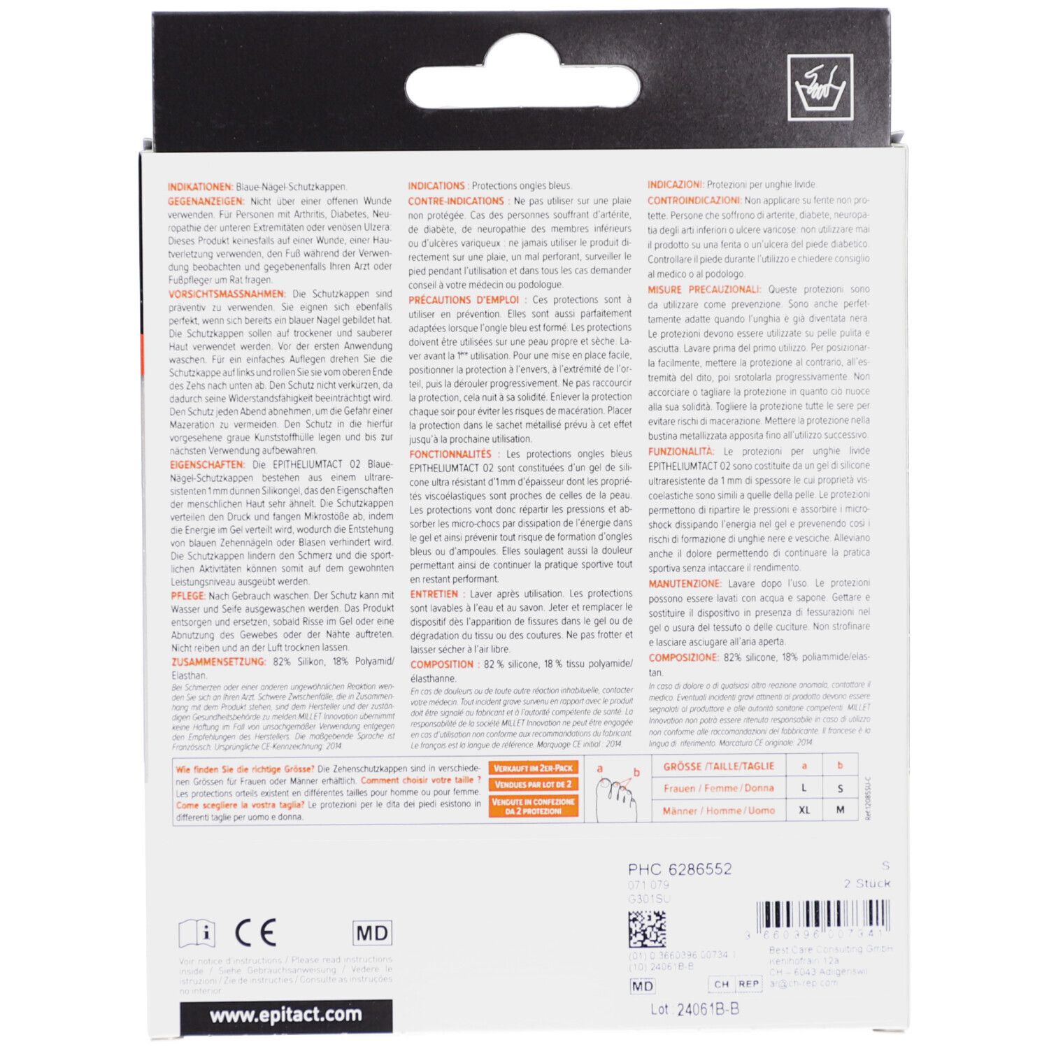 Rückseite der Verpackung mit Produktinformationen. Text in Deutsch, Französisch und Italienisch. Größenangaben und CE-Kennzeichnung.