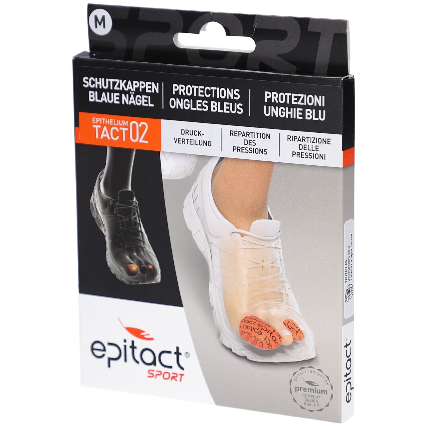 Verpackung Epitact Sport Tact 02. Enthält Schutz für blaue Nägel. Größe M. Produktabbildung mit Fuß in Sportschuh.