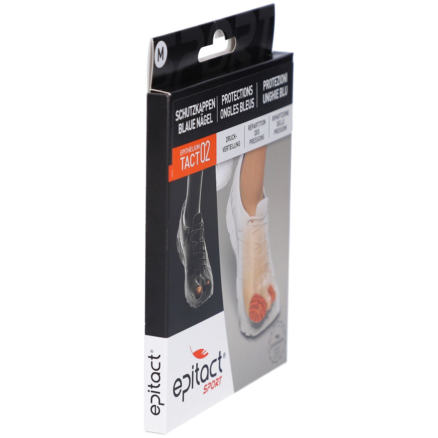 Epitact Sport Tact 02 Verpackung, Seitenansicht. Enthält Schutz für blaue Nägel. Größe M. Schwarze Verpackung.