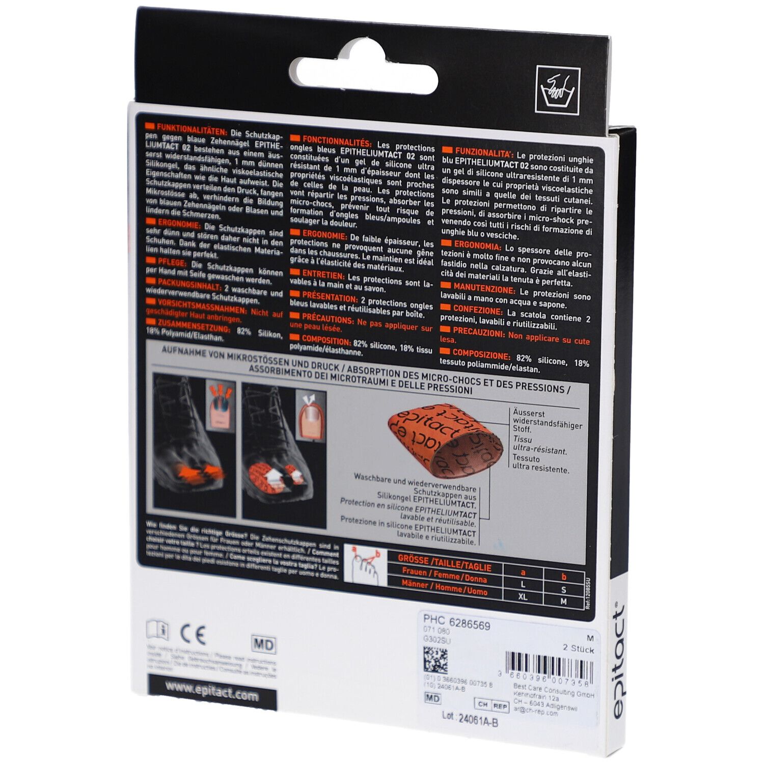 Rückseite der Epitact Sport Tact 02 Verpackung. Produktinformationen in mehreren Sprachen. Größenangaben. Inhaltsstoffe.