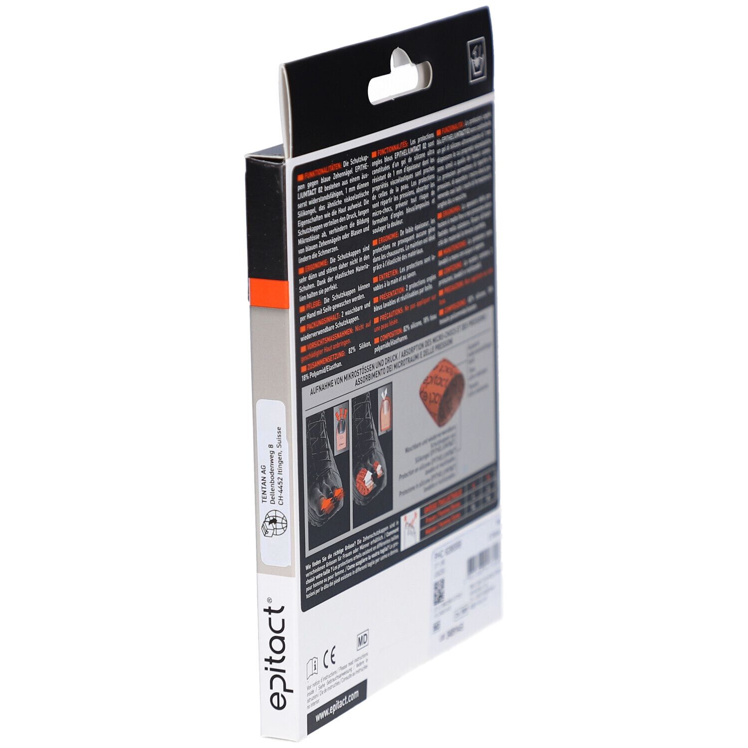 Seitenansicht der Epitact Sport Tact 02 Verpackung. Produktinformationen. CE-Kennzeichnung. Größe M.