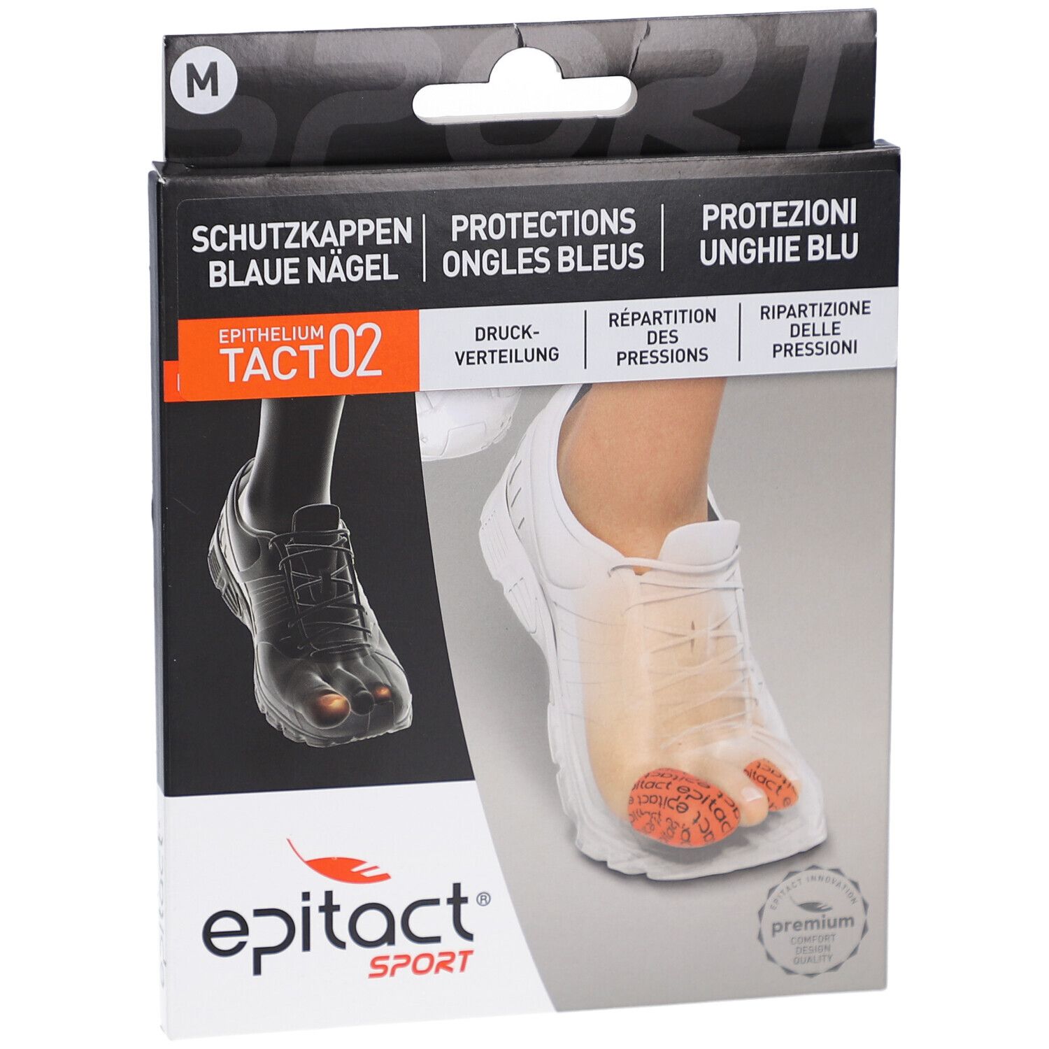 Epitact Sport Tact 02 Verpackung. Enthält Schutz für blaue Nägel. Größe M. Produktabbildung mit Fuß in Sportschuh.
