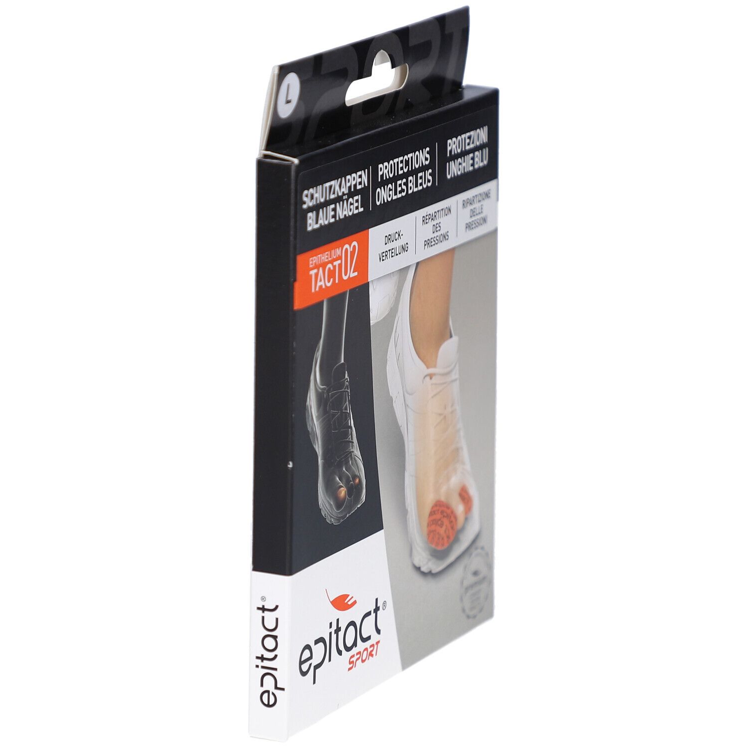 Epitact Sport Tact 02 Verpackung, Seitenansicht. Schutz für blaue Nägel. Größe L. Marke Epitact Sport. Produktabbildung mit Fuß.
