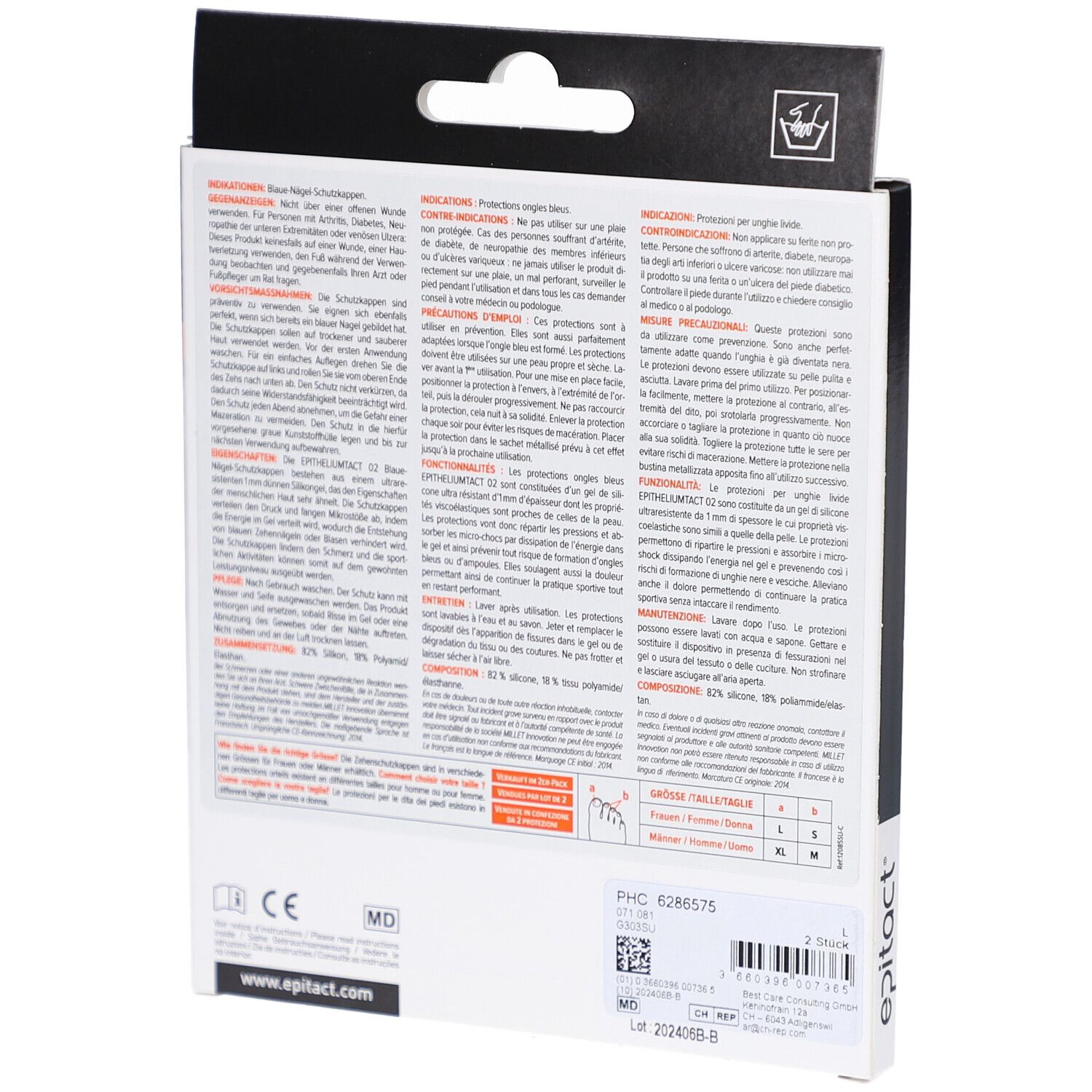 Rückseite der Epitact Sport Tact 02 Verpackung. Text in Deutsch, Französisch, Italienisch. Informationen zu Anwendung und Inhaltsstoffen.