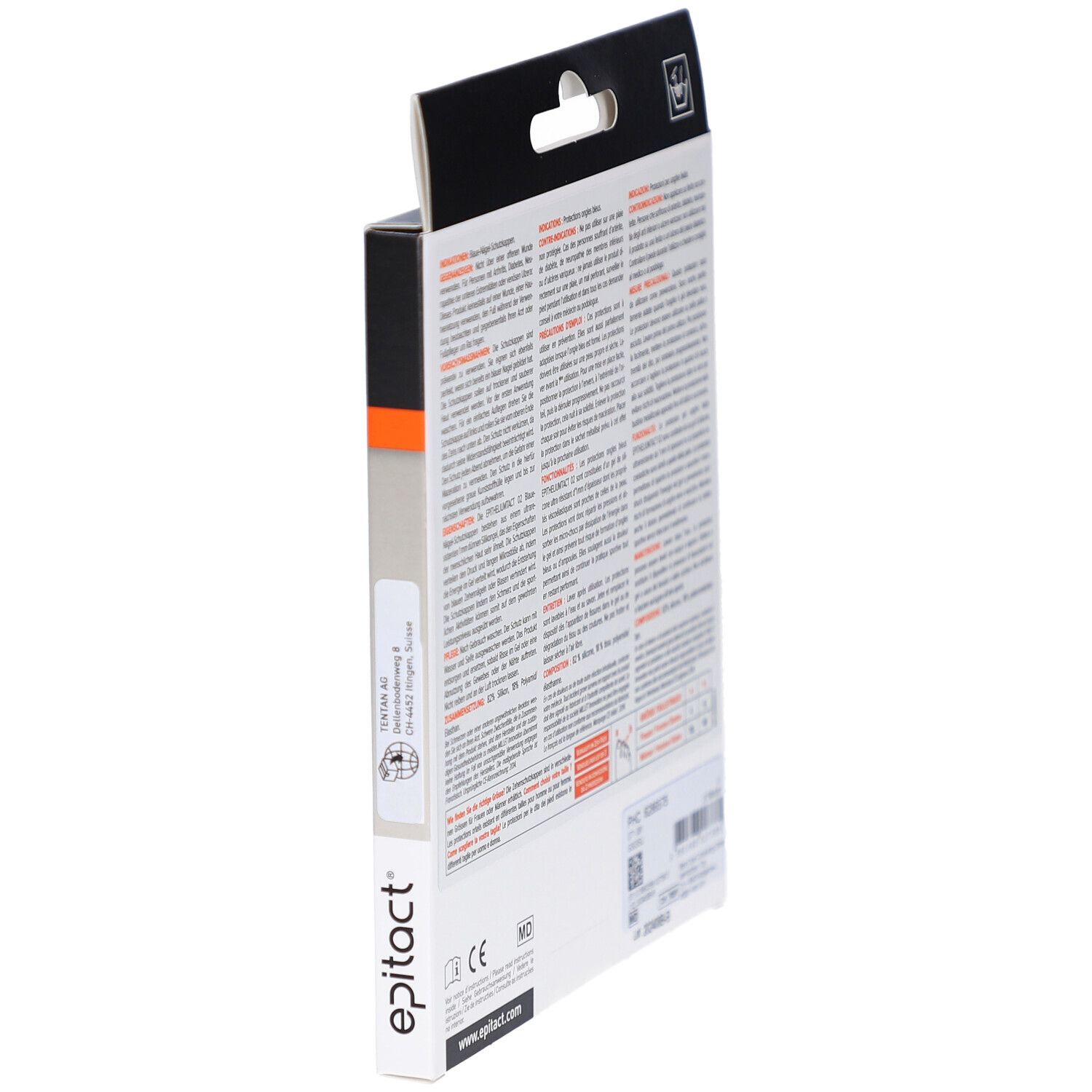 Epitact Sport Tact 02 Verpackung, Seitenansicht. Text und Informationen. Marke Epitact. CE-Kennzeichnung.