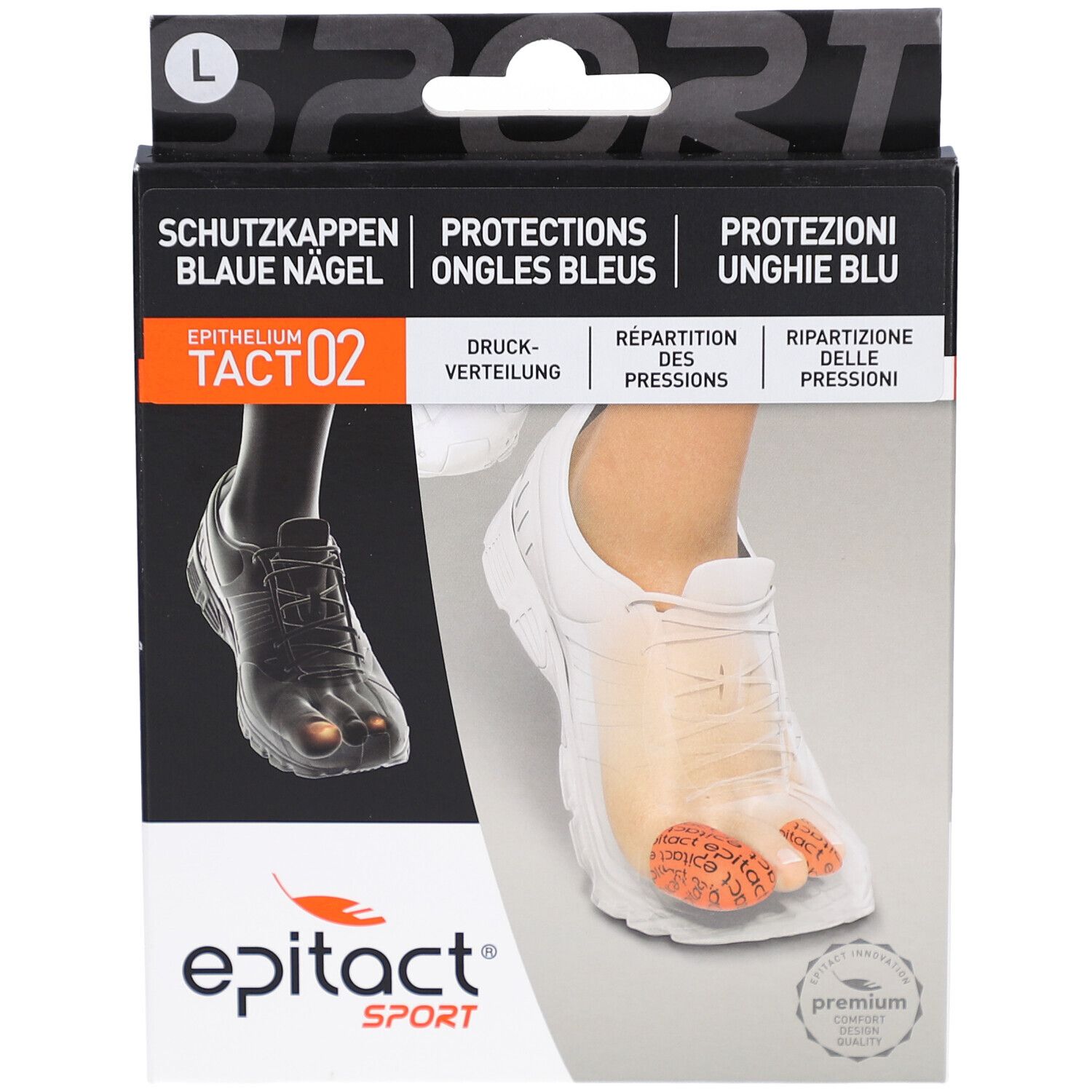 Epitact Sport Tact 02 Verpackung. Schutz für blaue Nägel. Größe L. Produktabbildung mit Fuß und Schuh. Marke Epitact Sport.