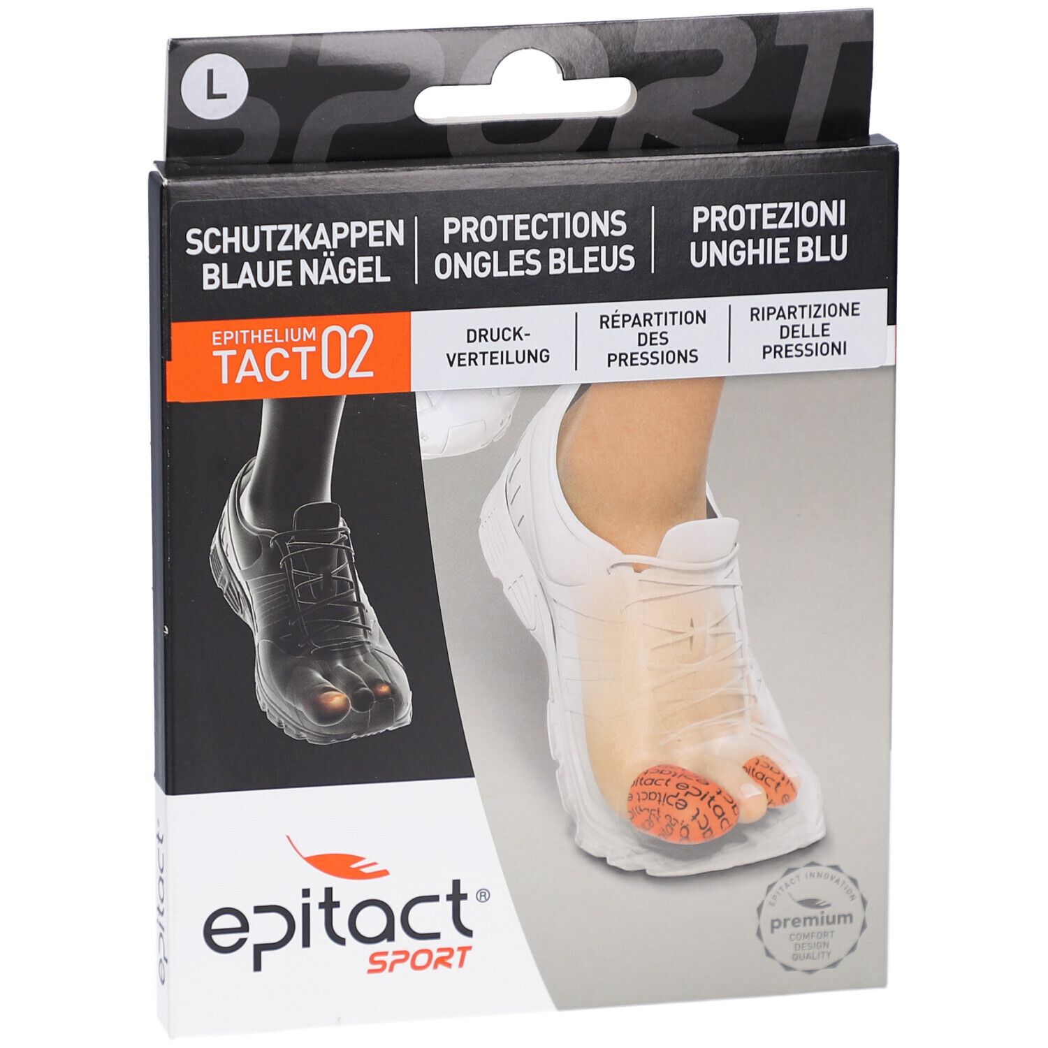 Epitact Sport Tact 02 Verpackung. Schutz für blaue Nägel. Größe L. Produktabbildung mit Fuß und Schuh. Marke Epitact Sport.