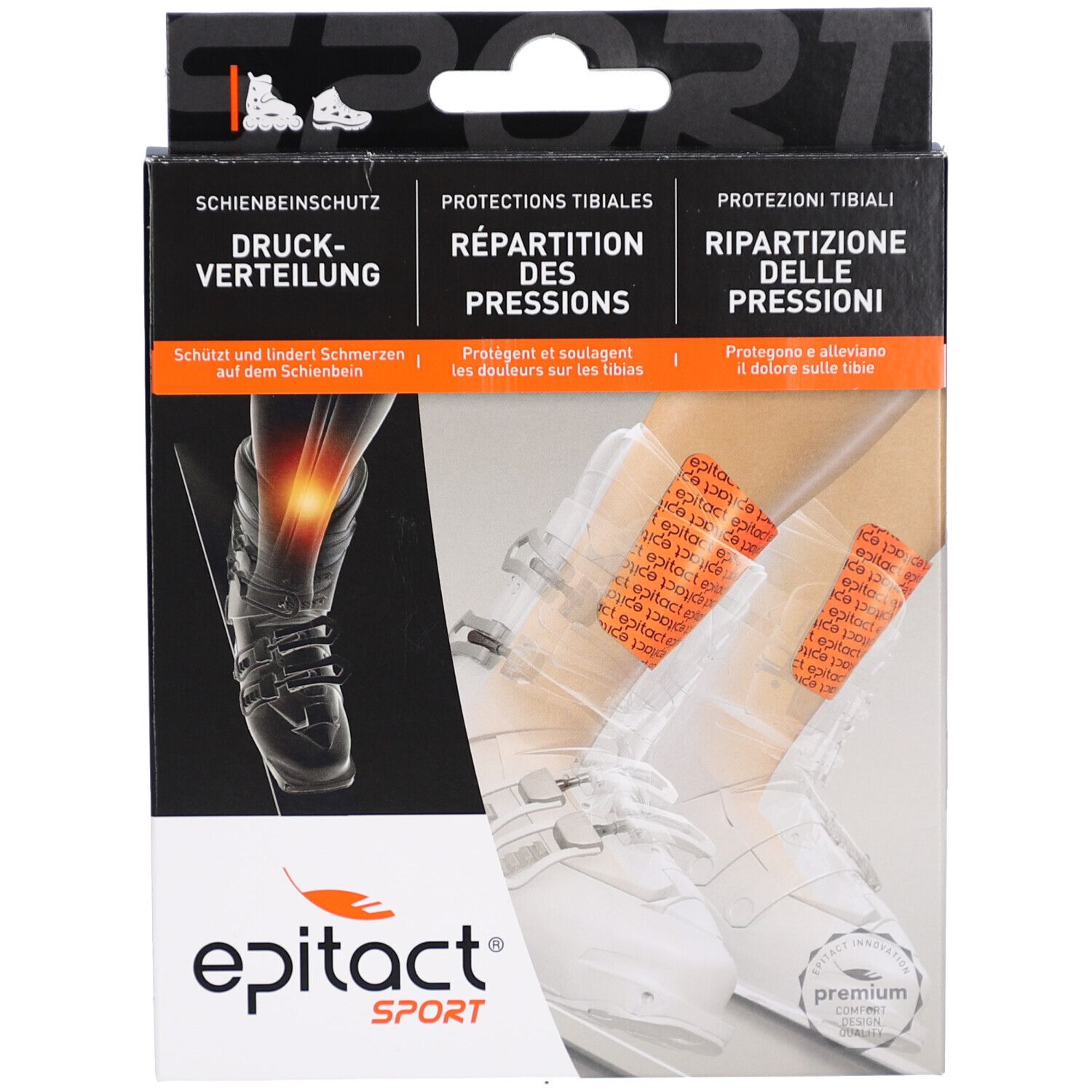 Verpackung mit EPITACT SPORT Schienbeinschutz. Schwarzer Karton mit Produktabbildung und Text in Deutsch, Französisch und Italienisch. Premium-Siegel.