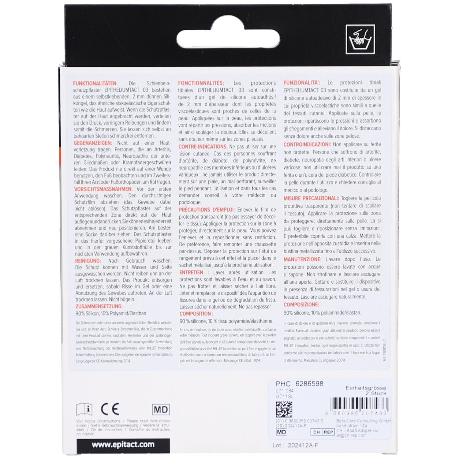 Rückseite der Verpackung mit Text in Deutsch, Französisch und Italienisch. Informationen zu Funktionalität, Anwendung und Zusammensetzung.